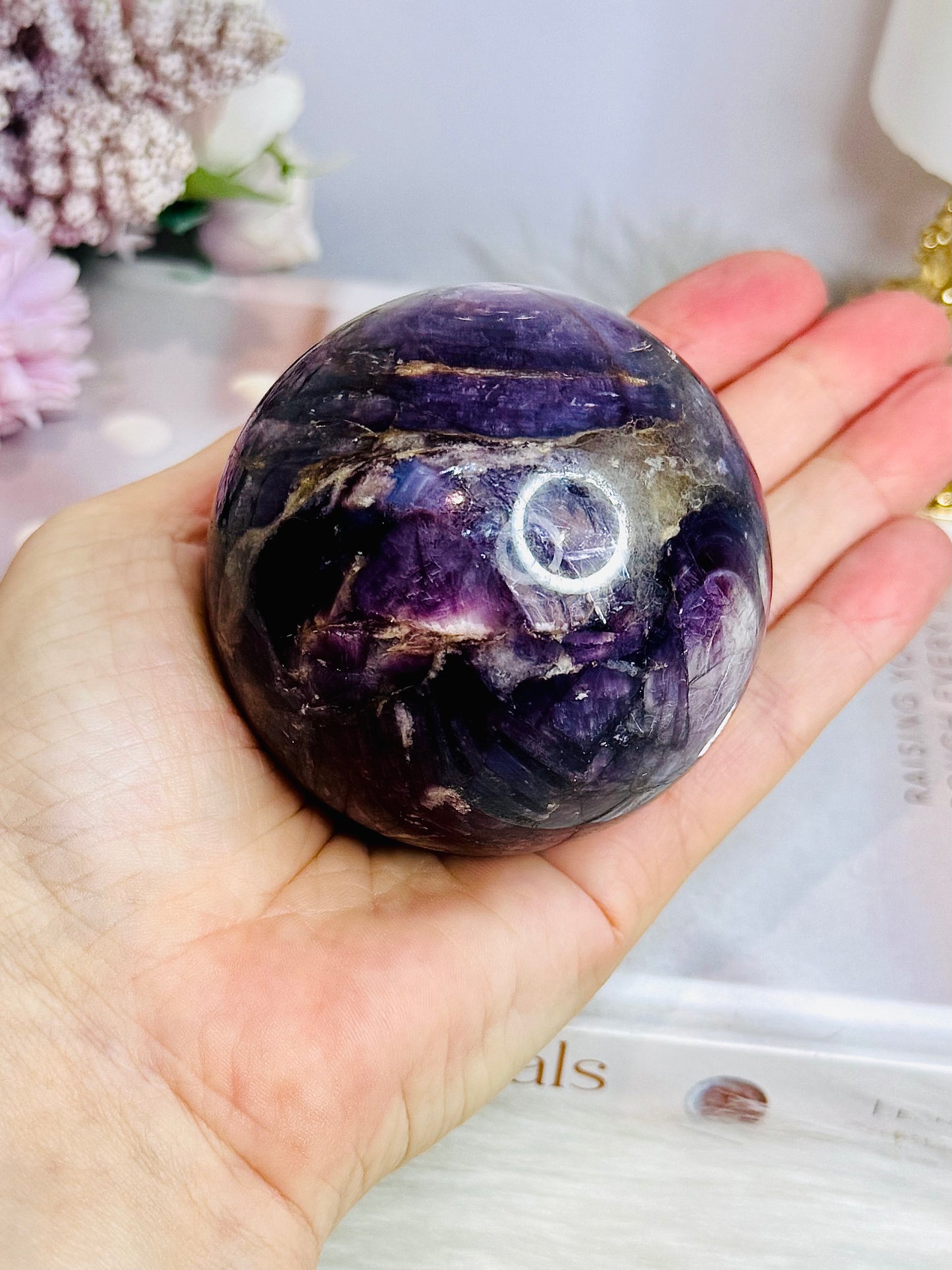 Large High Grade Purple Mica Sphere 448g On Stand