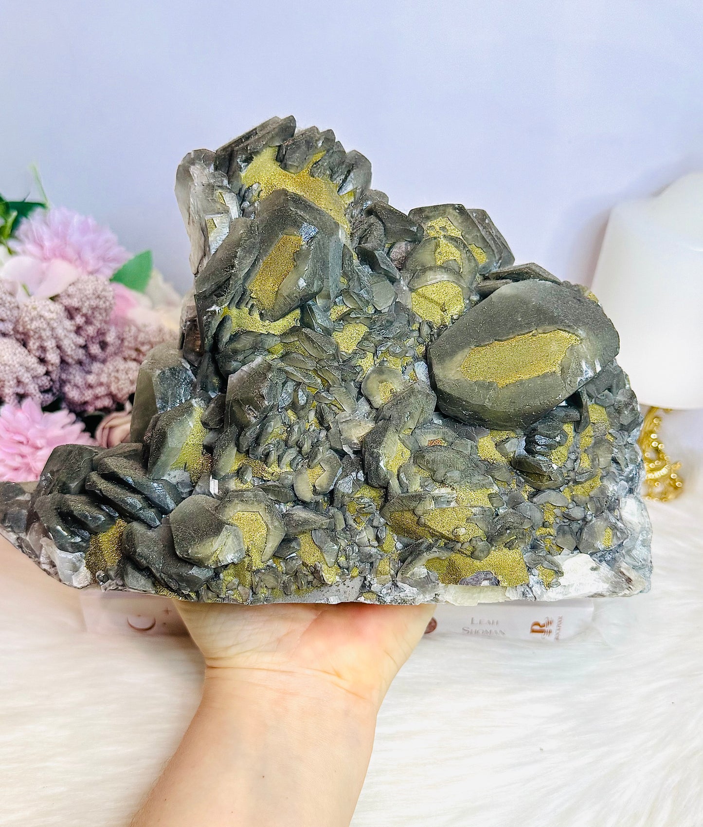 A Collectors Piece ~ Huge Black Benz Calcite Specimen with Pyrite 23cm 2.5KG