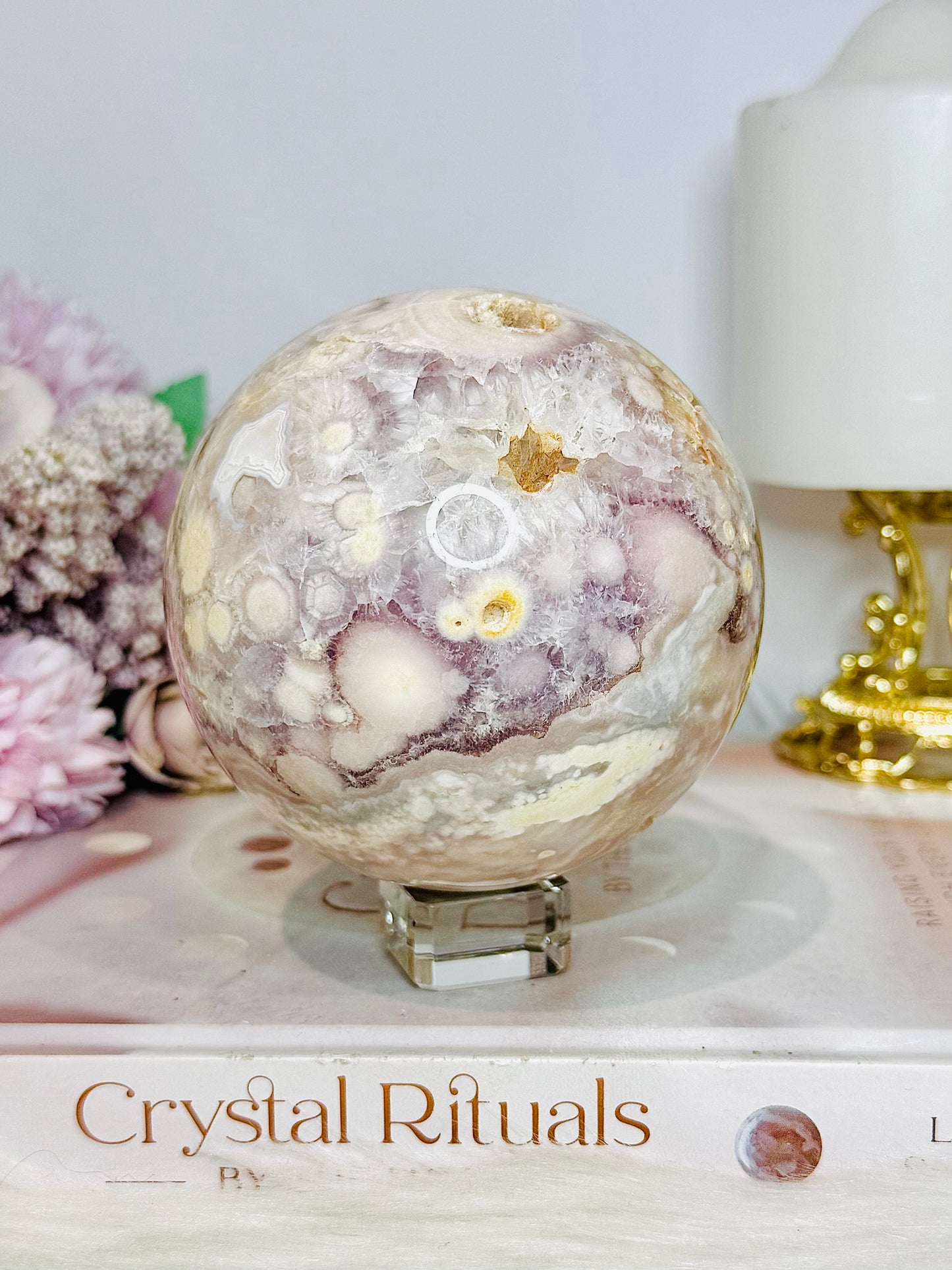 Rare Pink Amethyst X Flower Agate Large Sphere 890g On Stand