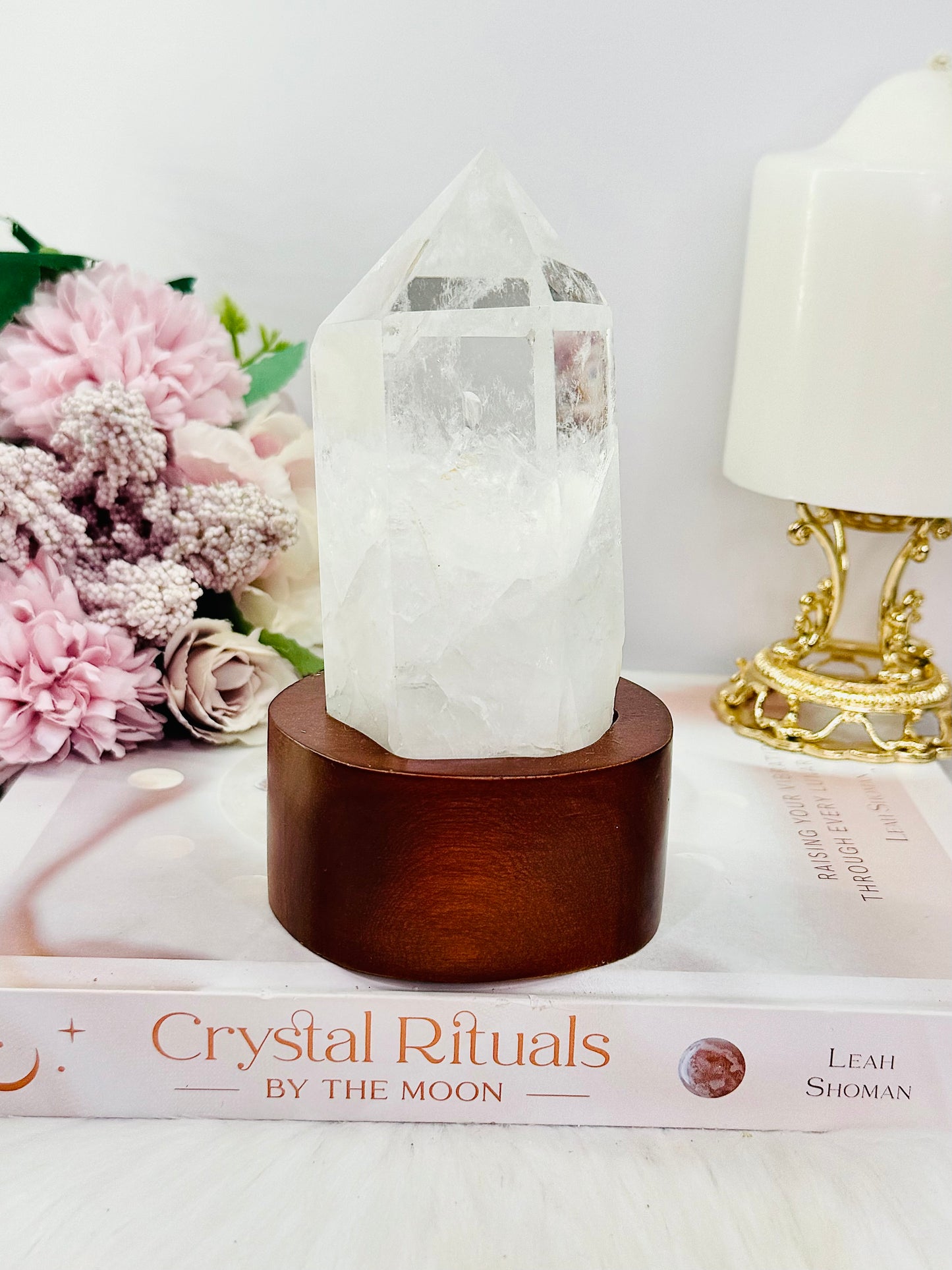 Natural Clear Quartz Tower On Timber Base 14.5cm 512grams