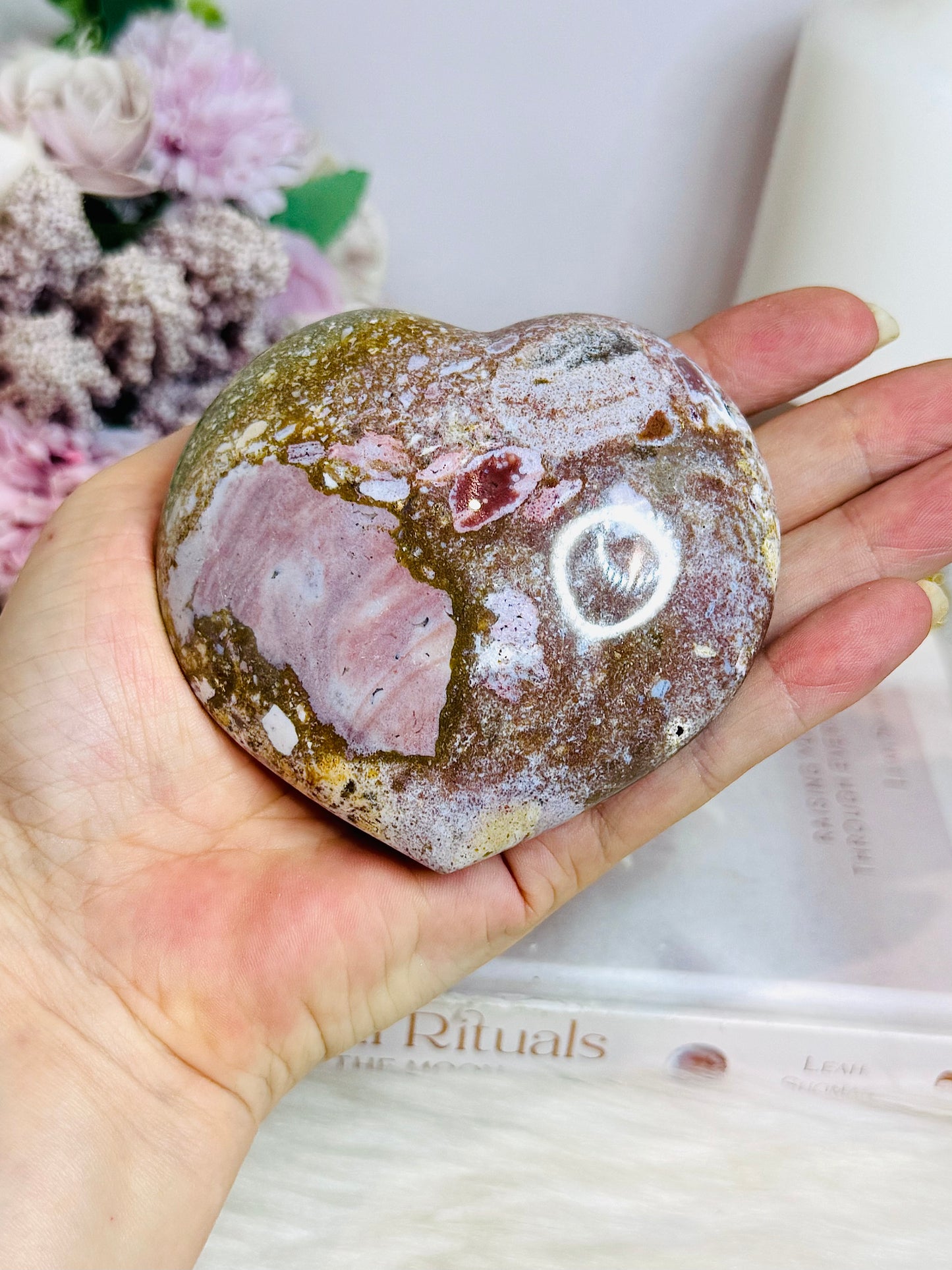 High Grade Pink Ocean Jasper Carved Puffy Heart 359g