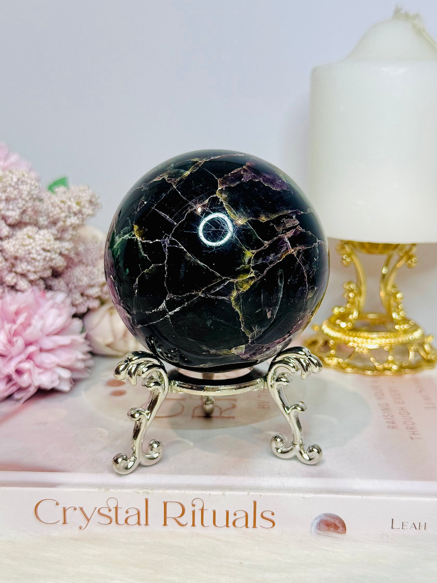 Large Fluorite Sphere with Rainbows 728g On Stand