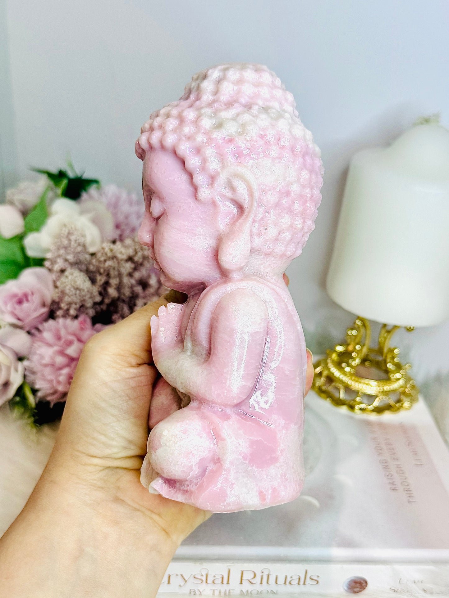 Large Perfectly Carved Pink Opal Buddha 995g 15cm