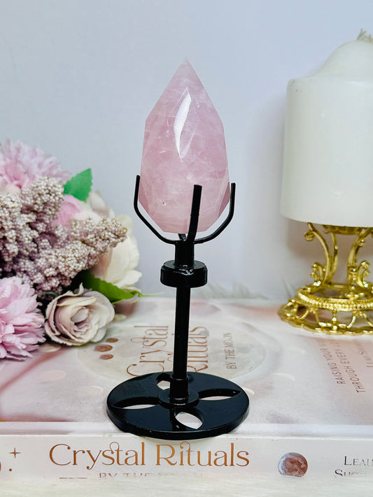 High Grade Rose Quartz Carved Diamond on Stand 14cm