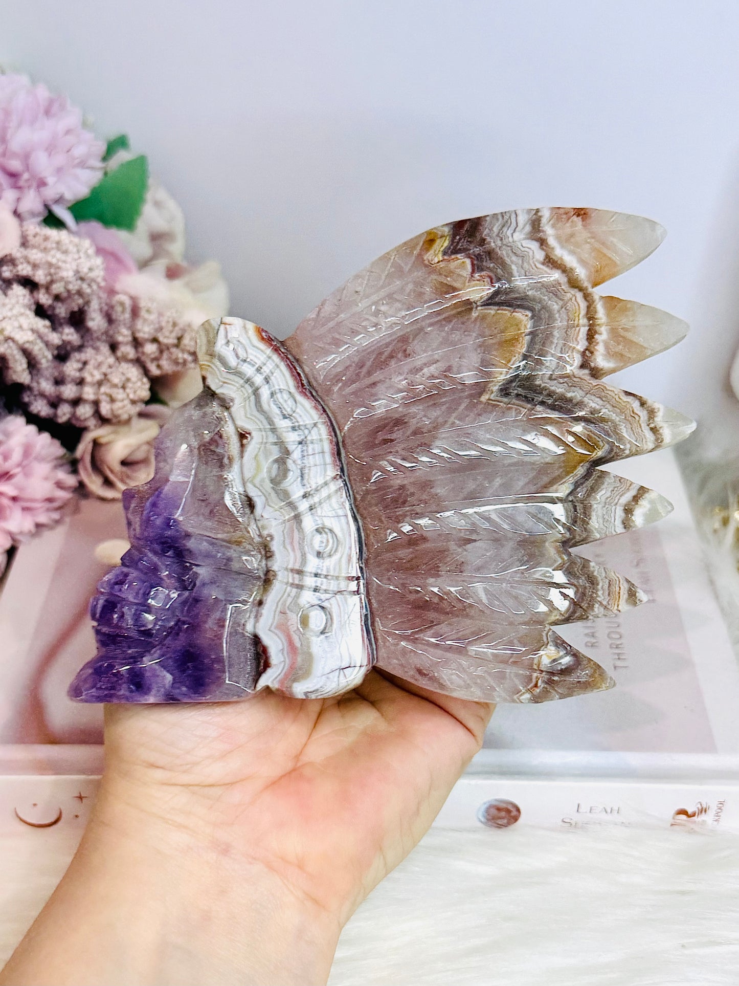 Large Amethyst X Mexican Lace Agate Carved Indian Head on Stand