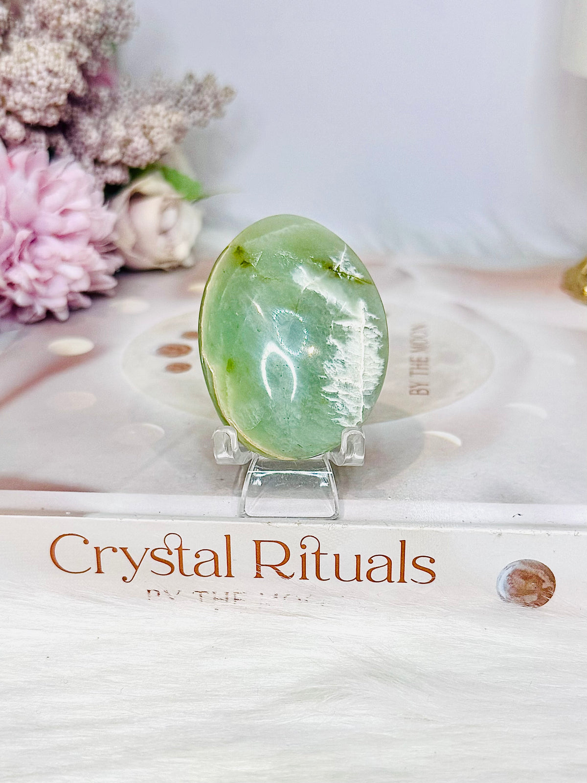 Green Moonstone Palm Stone (stand is display only)