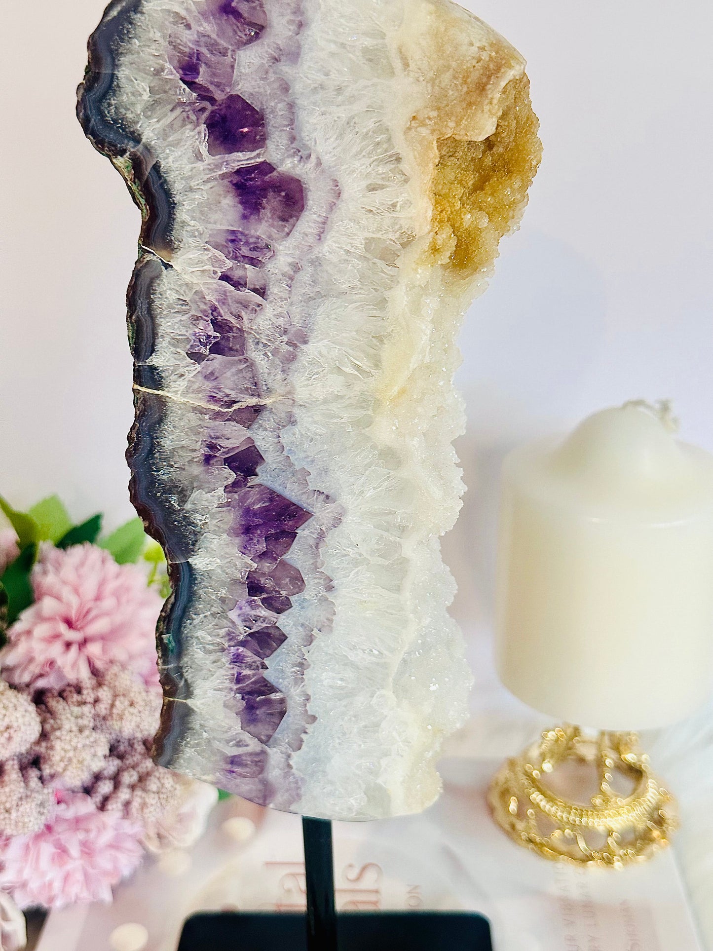 Divine Tall Large 1.34Gram 30cm Sparkling Sugar Druzy Amethyst Chunky Slice On Stand From Brazil
