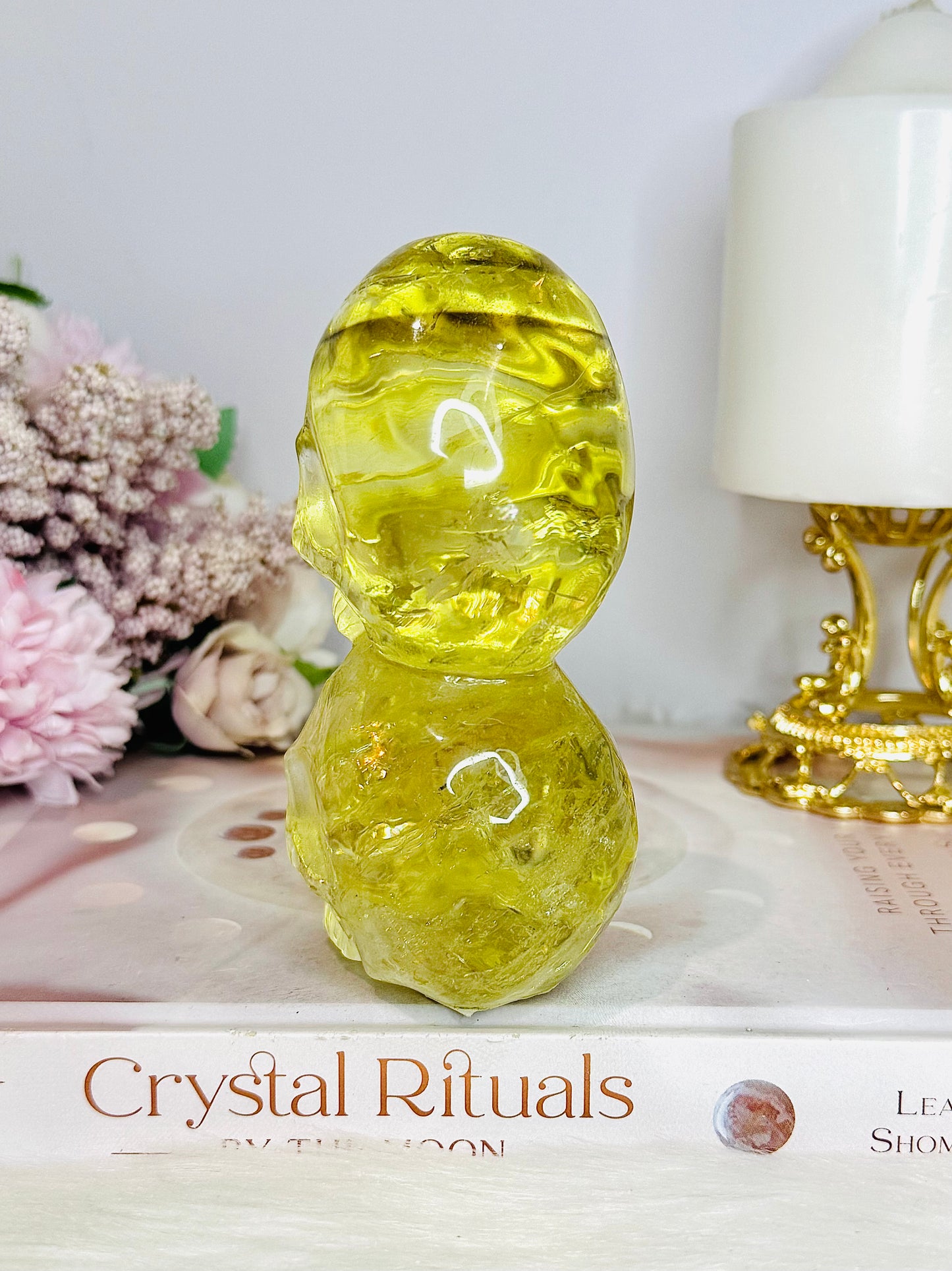 High Grade Citrine Carved Skulls with Rainbows 12cm 425g