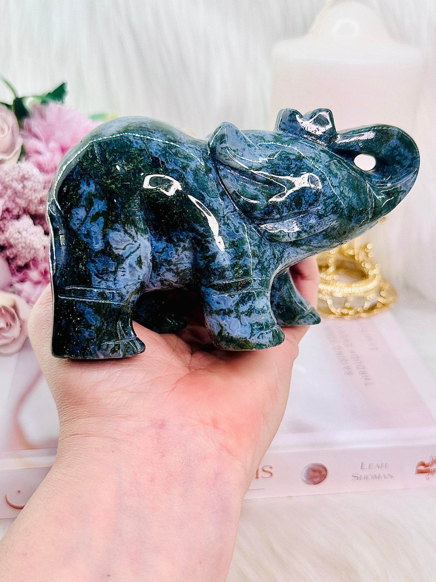 Large 635gram 13cm Blue & Green Moss Agate Carved Elephant