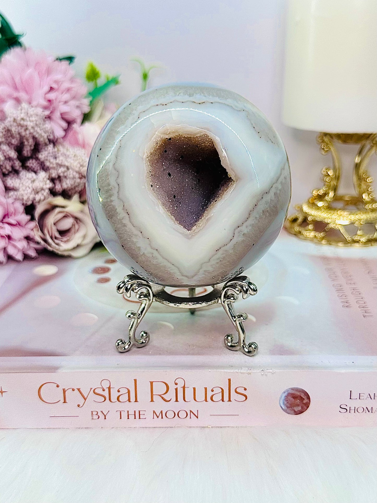 Stunning Large 529gram Sugar Druzy Agate Sphere on Stand