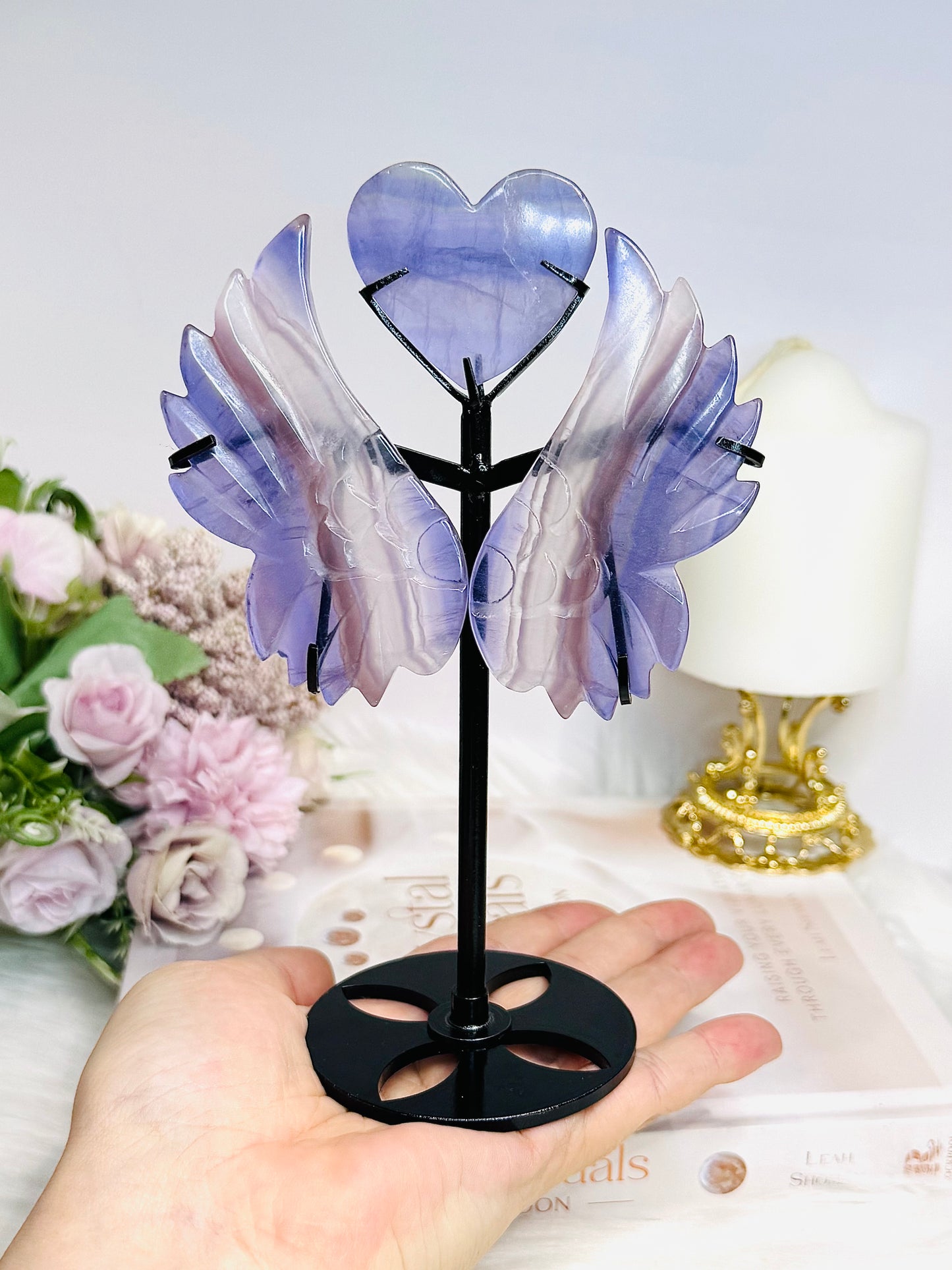 Purple Fluorite Heart with Angel Wings On Stand 17cm