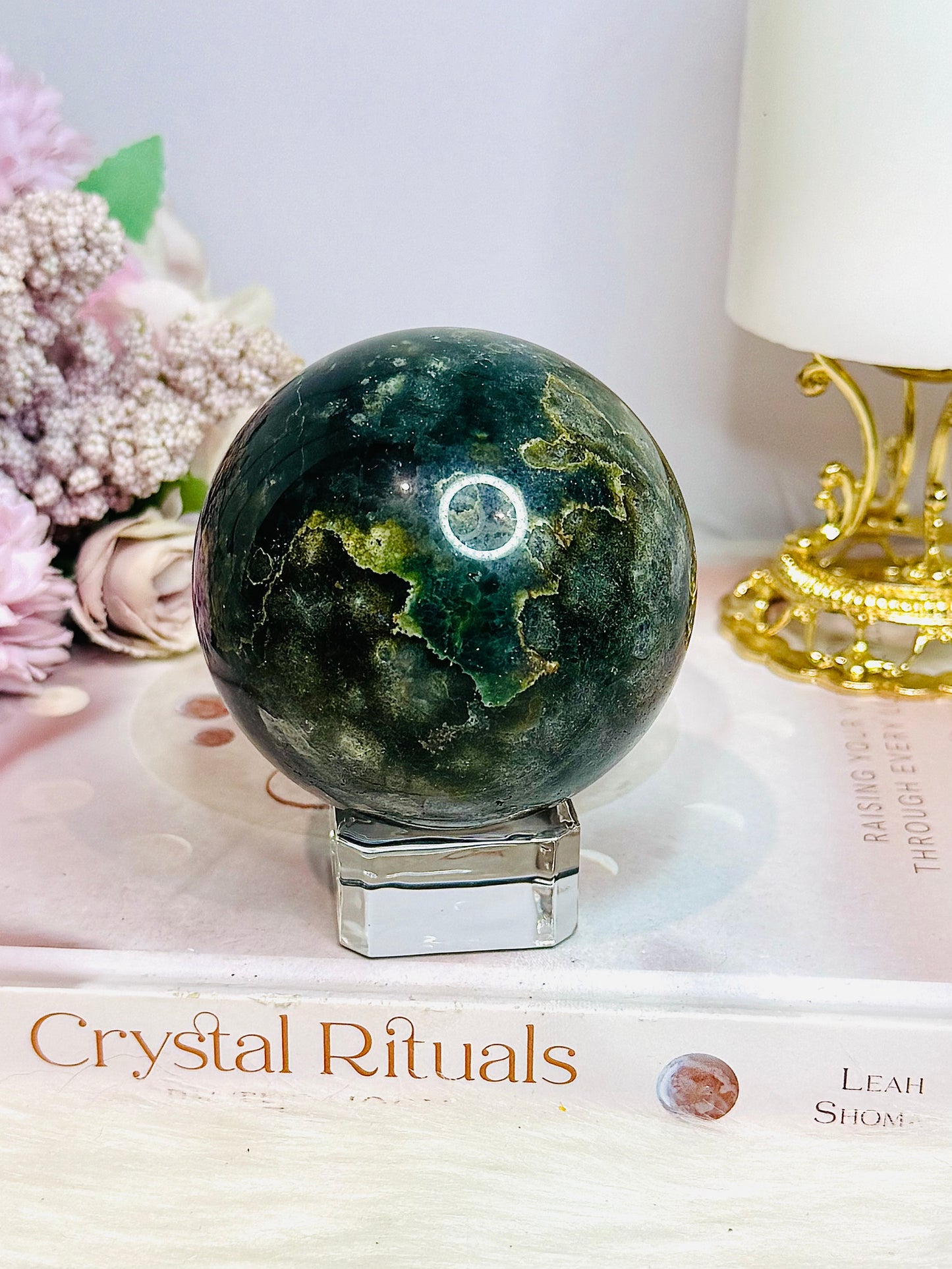 Large Green Jasper Druzy Sphere on Stand 490g