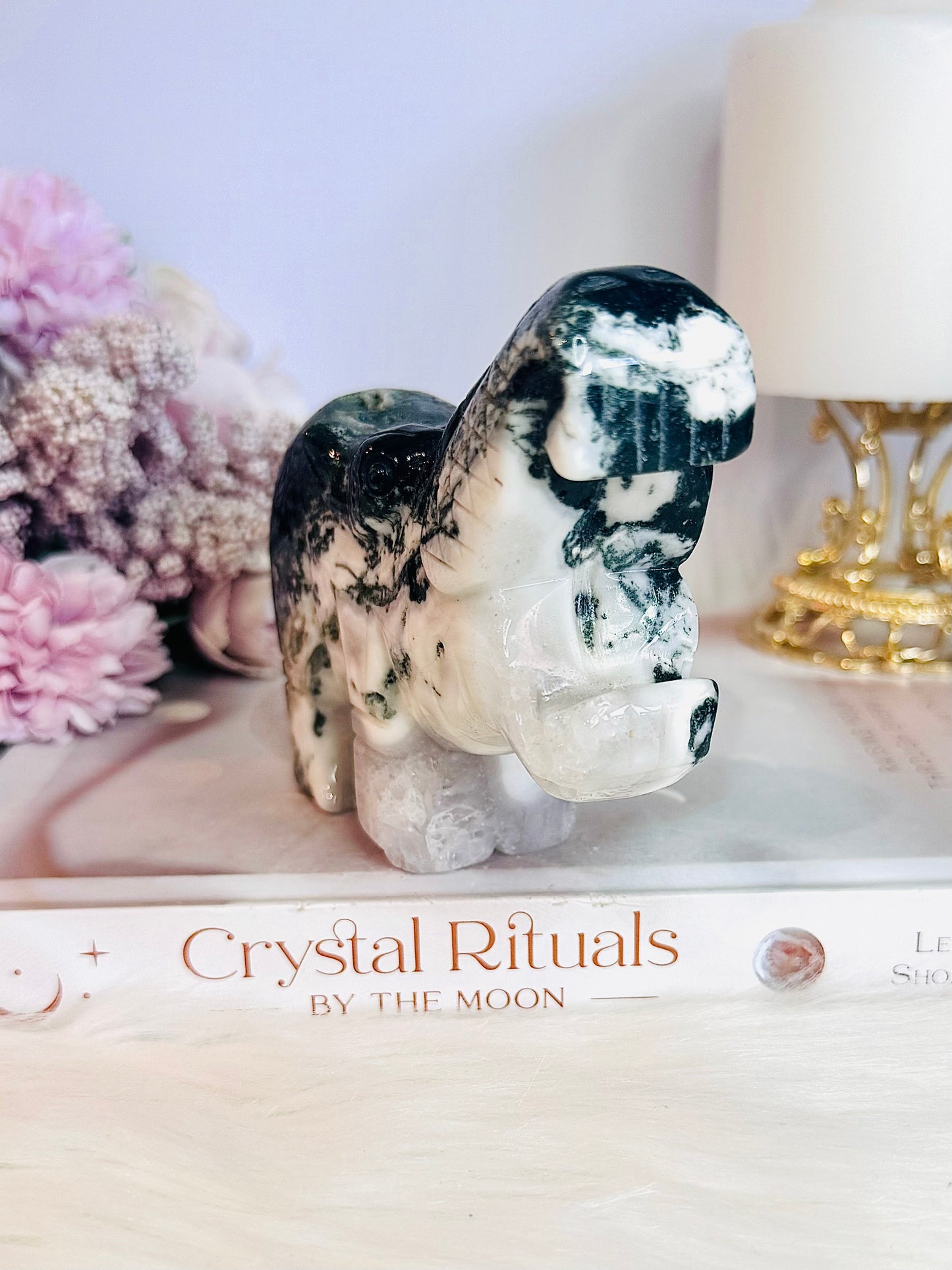 Beautiful Large Green Moss Agate Carved Hippopotamus 14cm 475grams