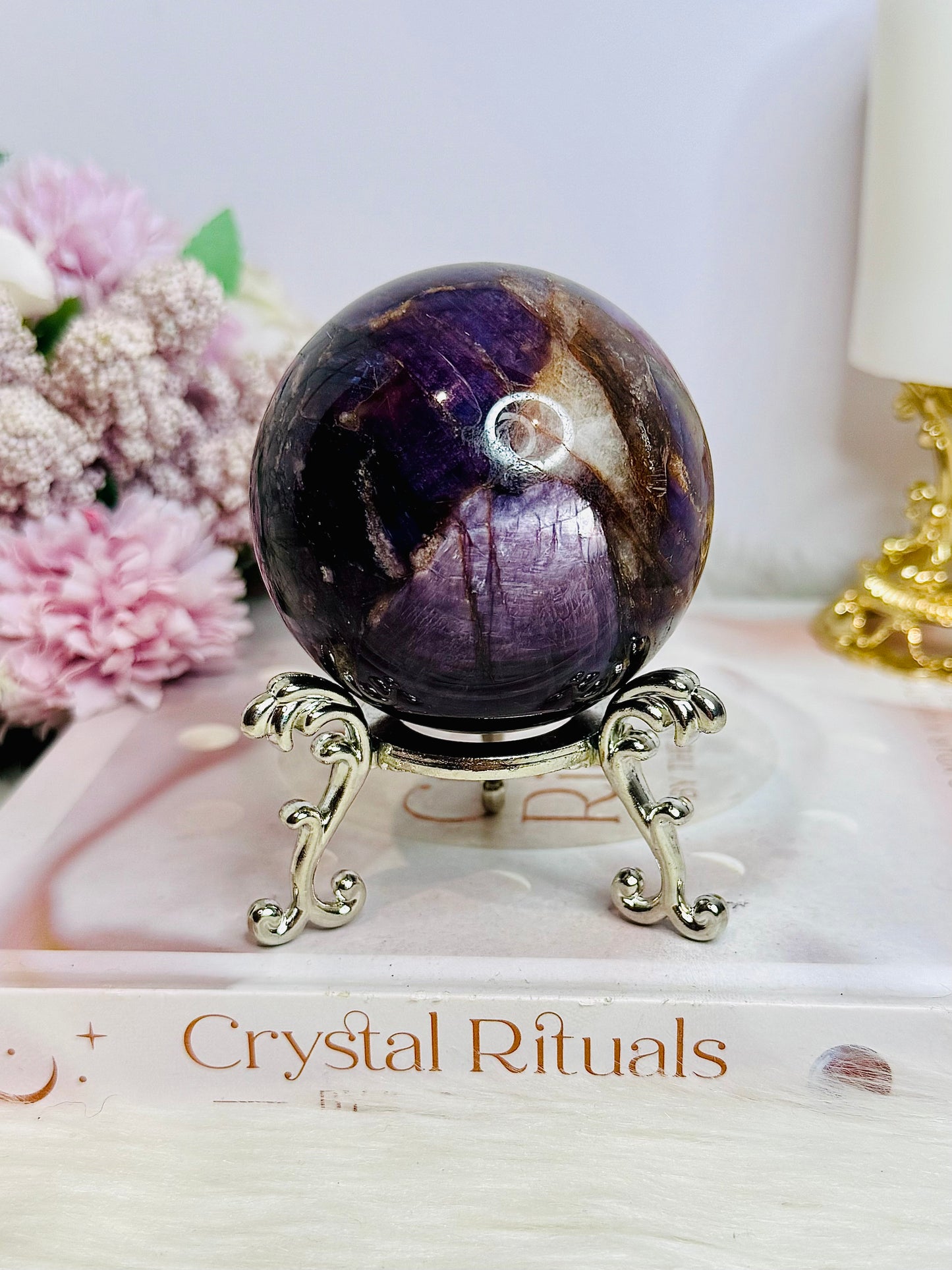 Large High Grade Purple Mica Sphere 448g On Stand