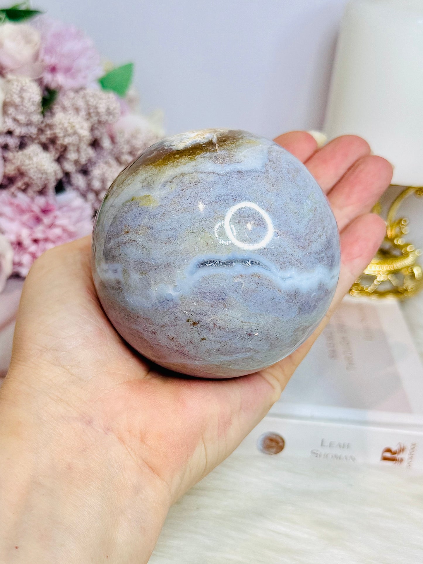 Large Ocean Jasper Sphere on Timber Stand 605g