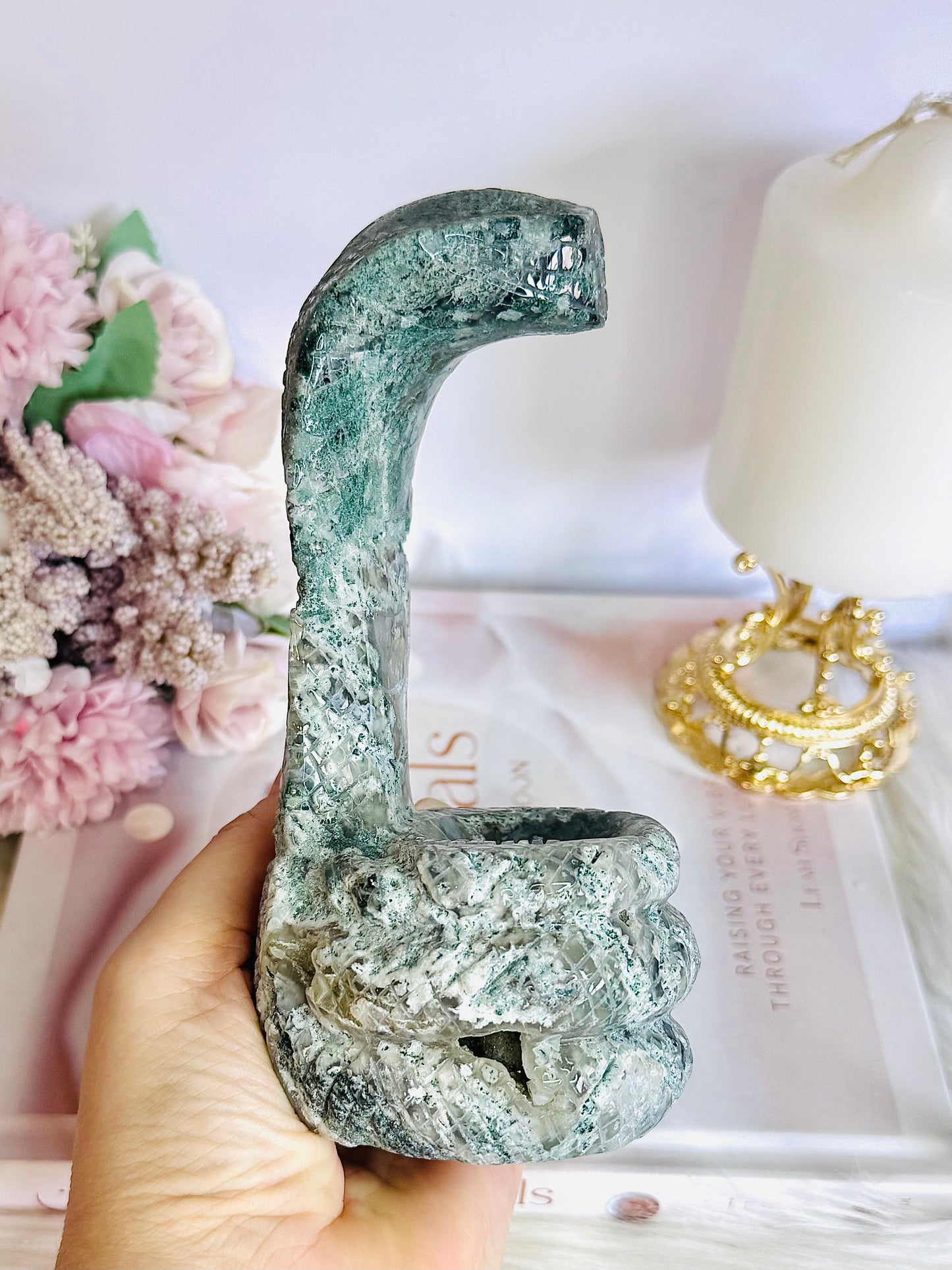 Moss Agate Large Carved Snake | Cobra 16cm