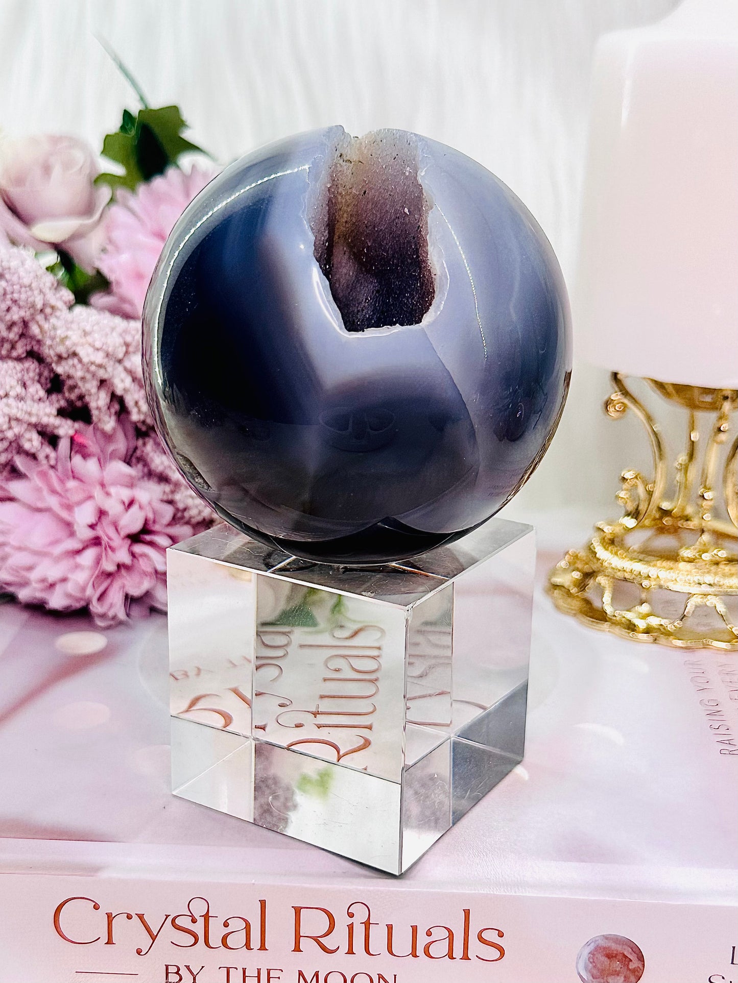 Wow!!!! What A Stunner!!! Large 536gram Druzy Agate Sphere on Silver Stand From Brazil (Glass stand in pic is display only)