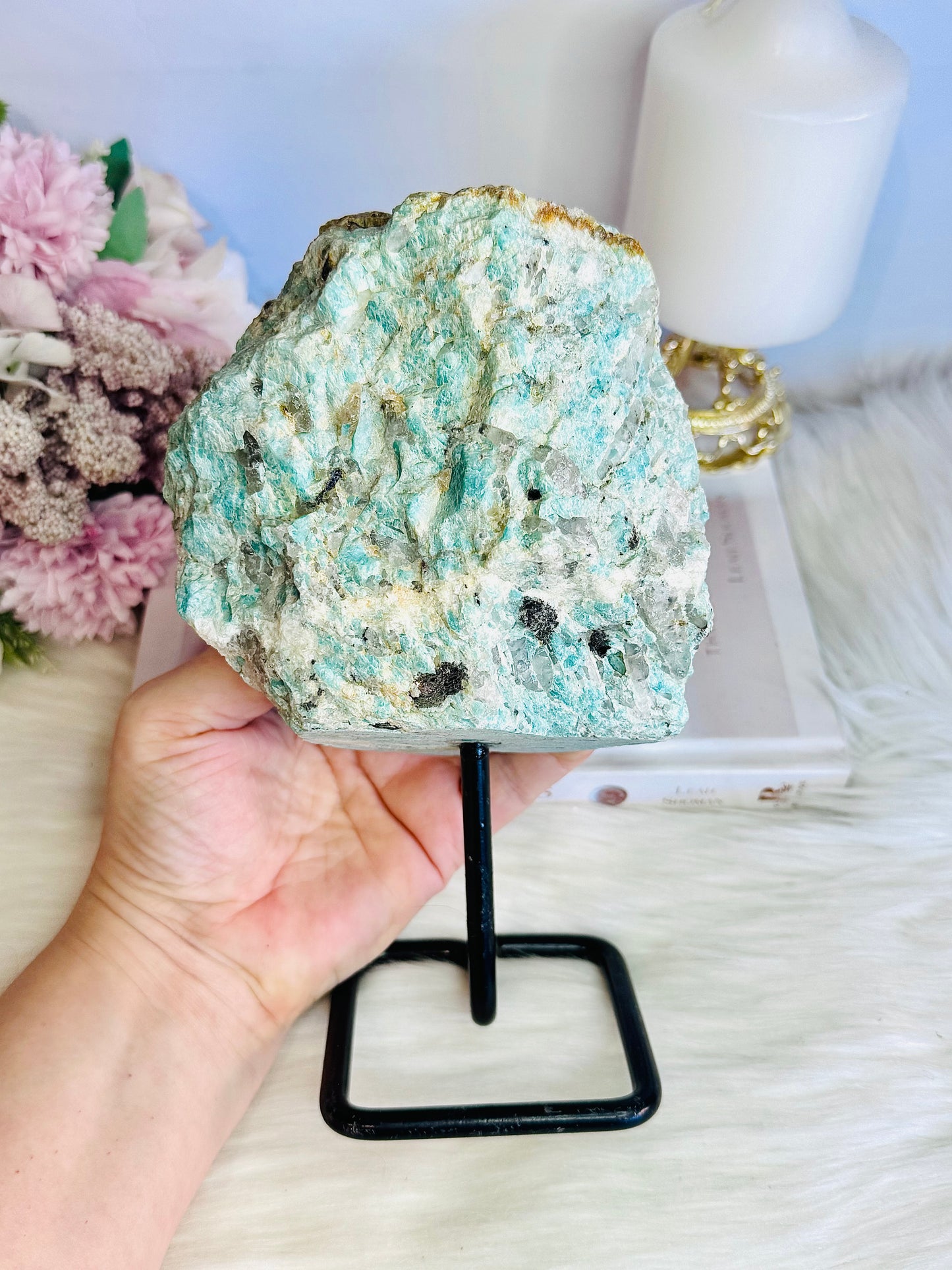 Raw Rough Natural Green Amazonite With Smokey Quartz Inclusions 1.56KG 20cm On Stand From Brazil