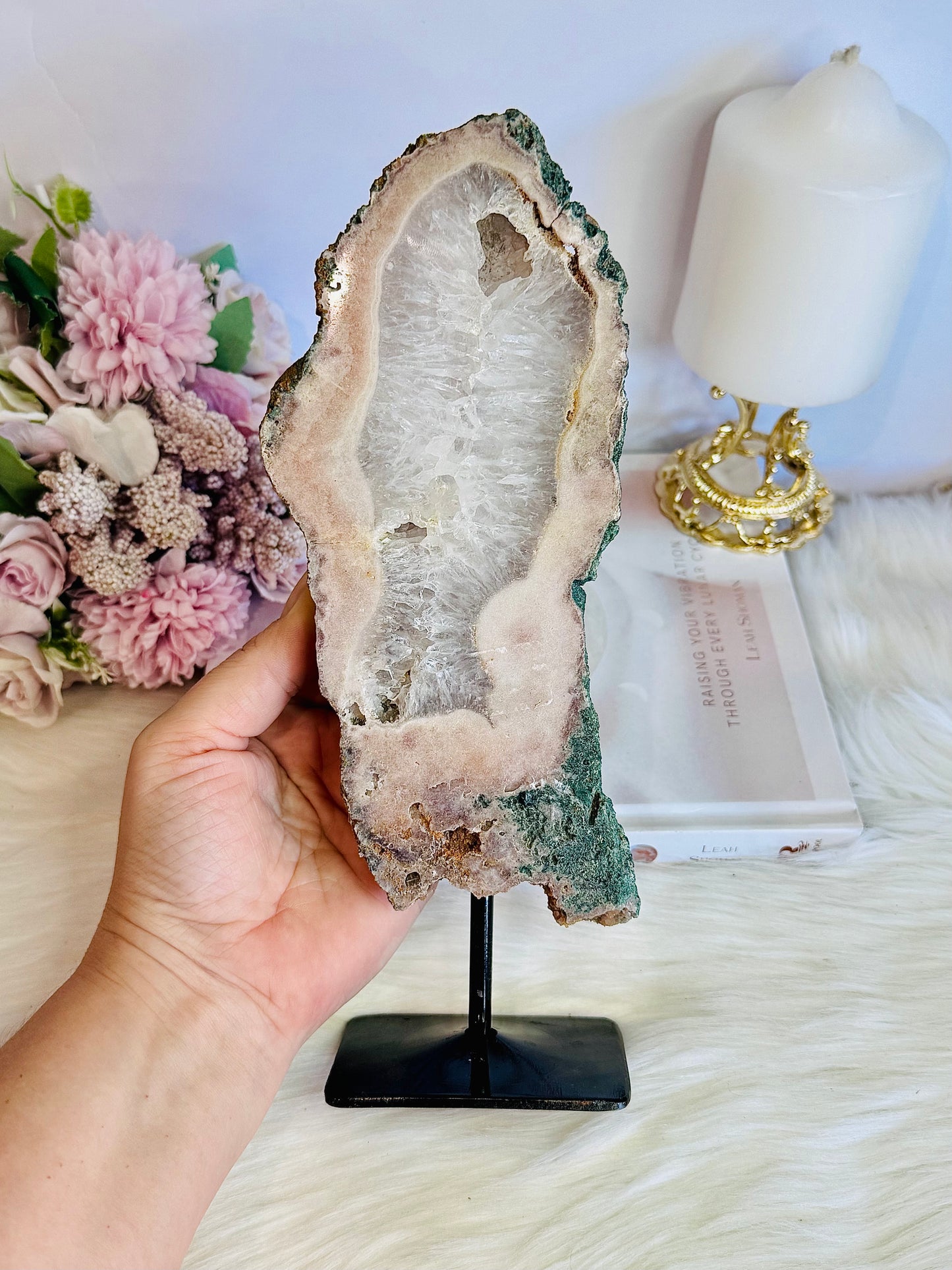 Large 26cm 908gram Pink Amethyst Druzy Slab on Stand