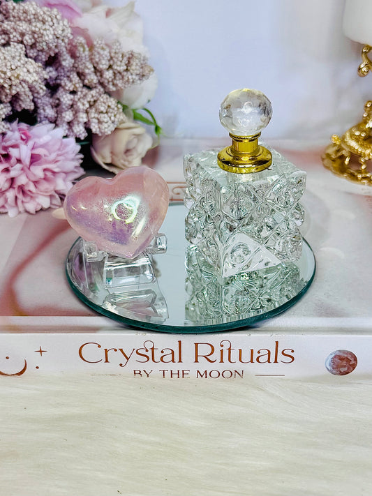 Gift Set ~ Rose Quartz Angel Aura Heart, Glass Perfume Bottle on Mirror Tray 10cm