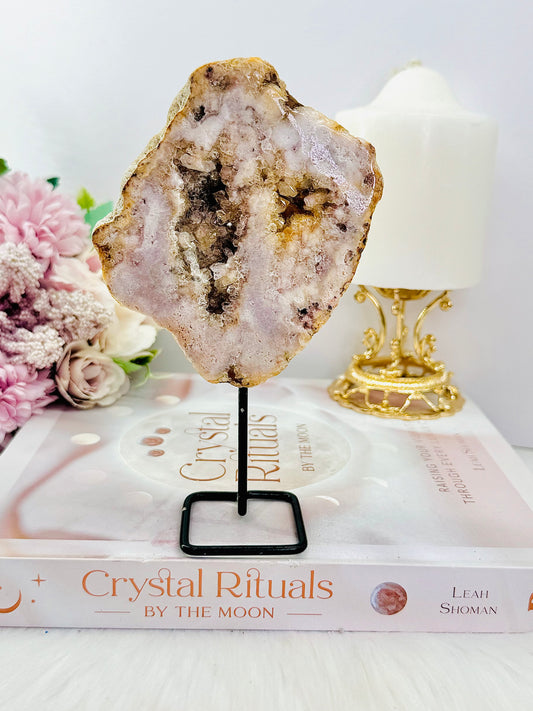 Natural 15cm Tall Pink Amethyst Druzy Slab On Stand