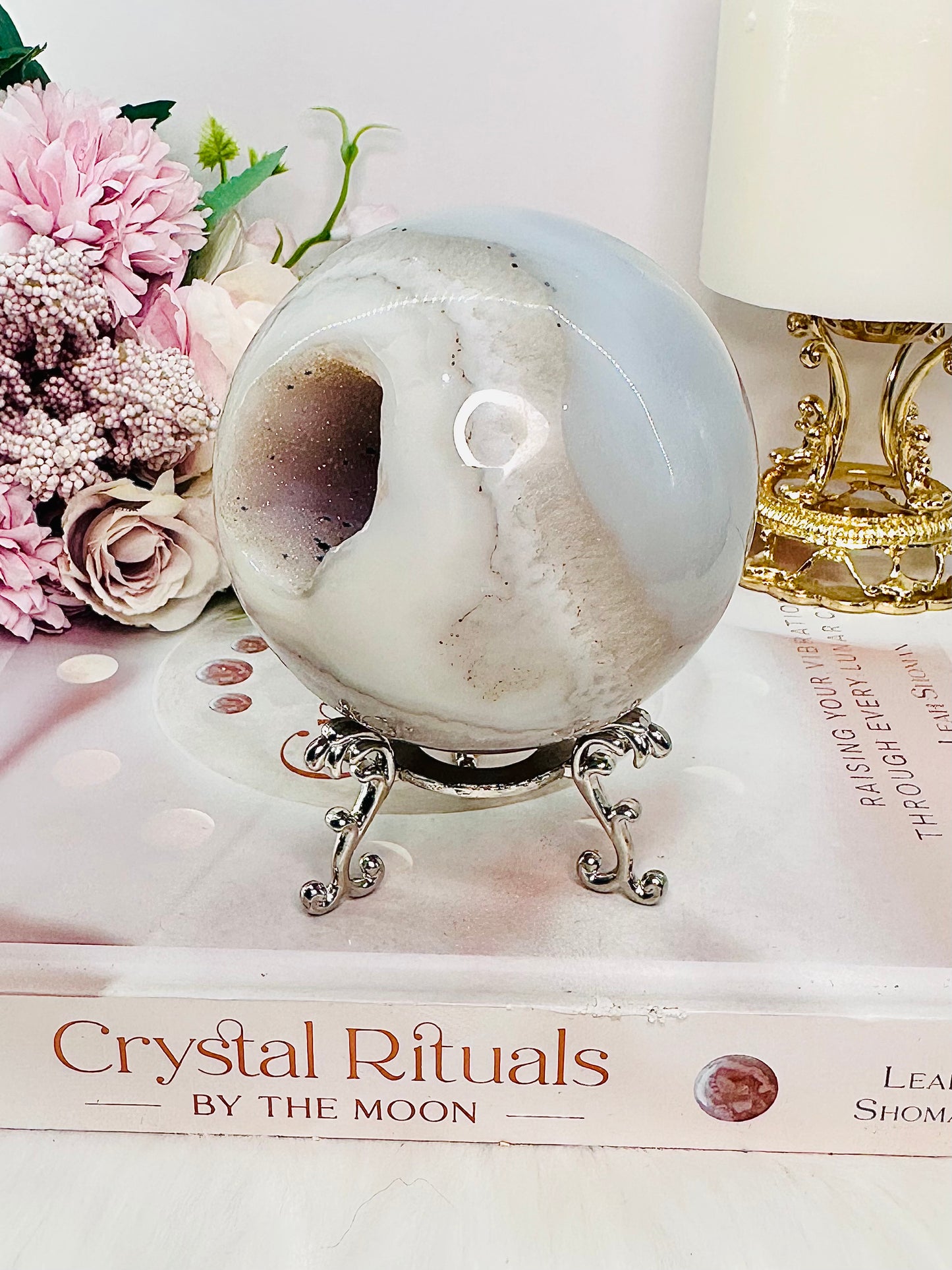 Stunning Large 529gram Sugar Druzy Agate Sphere on Stand