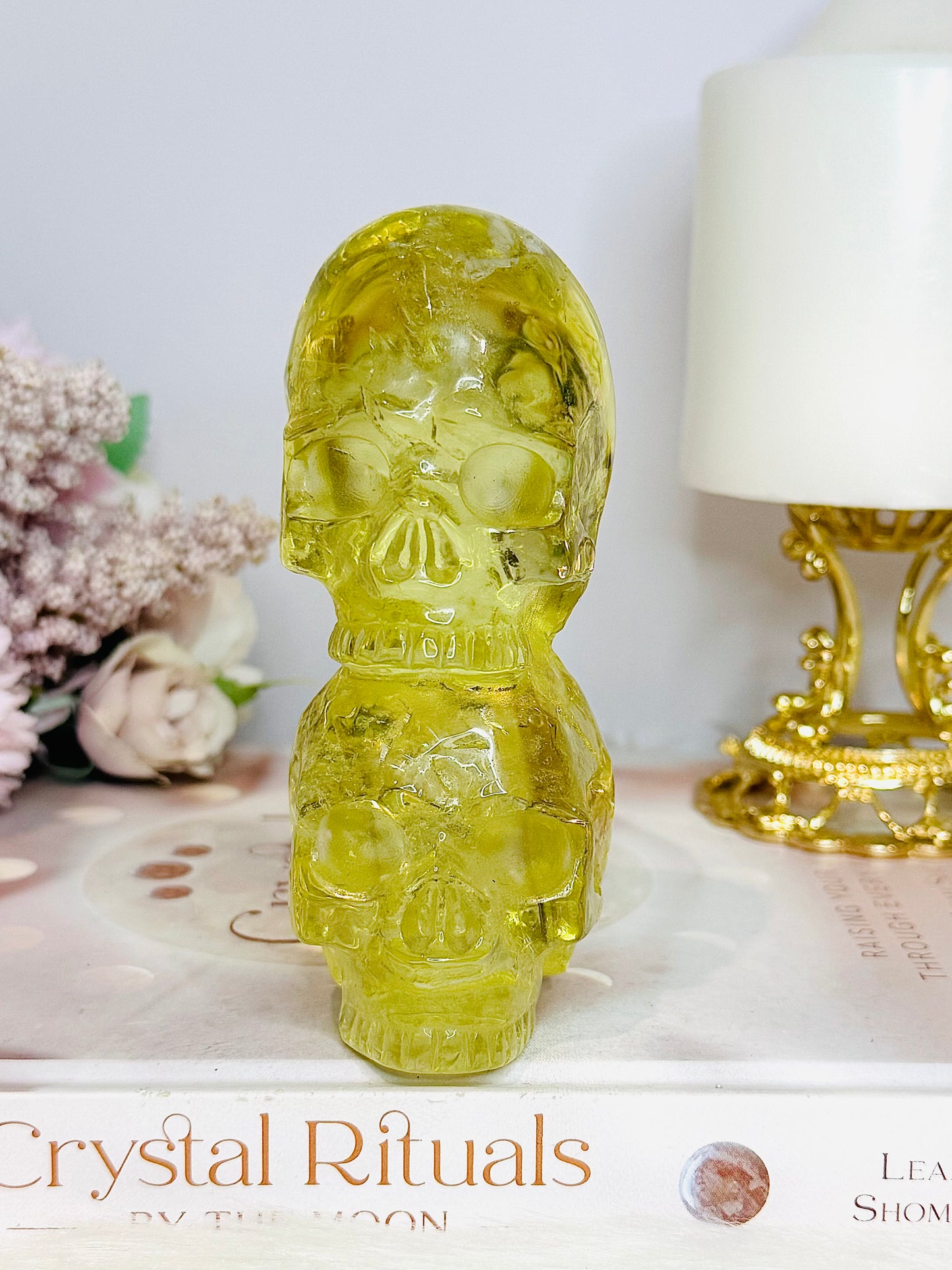 High Grade Citrine Carved Skulls with Rainbows 12cm 425g