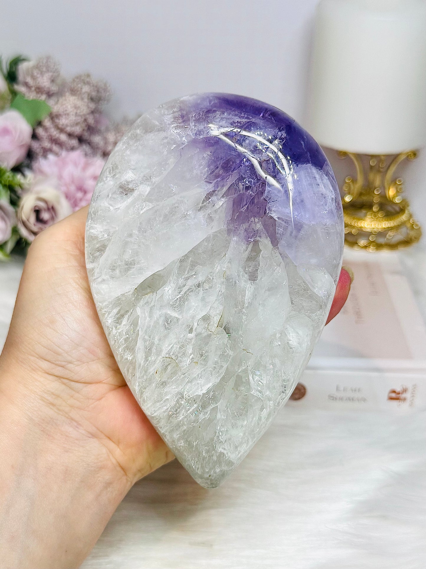 Large Chunky Amethyst In Quartz Teardrop | Freeform on Stand 675g 14cm
