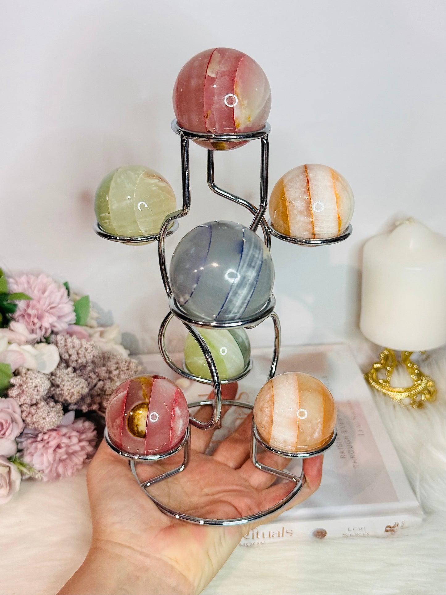 Colourful Large Silver Holder with Seven 7 Dyed Onyx Spheres