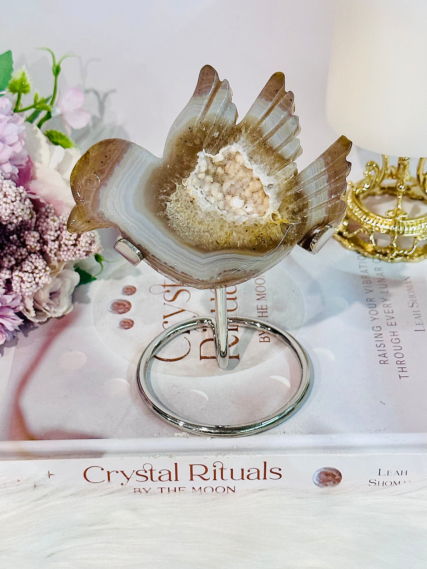 Beautiful Druzy Agate Carved Bird On Silver Stand