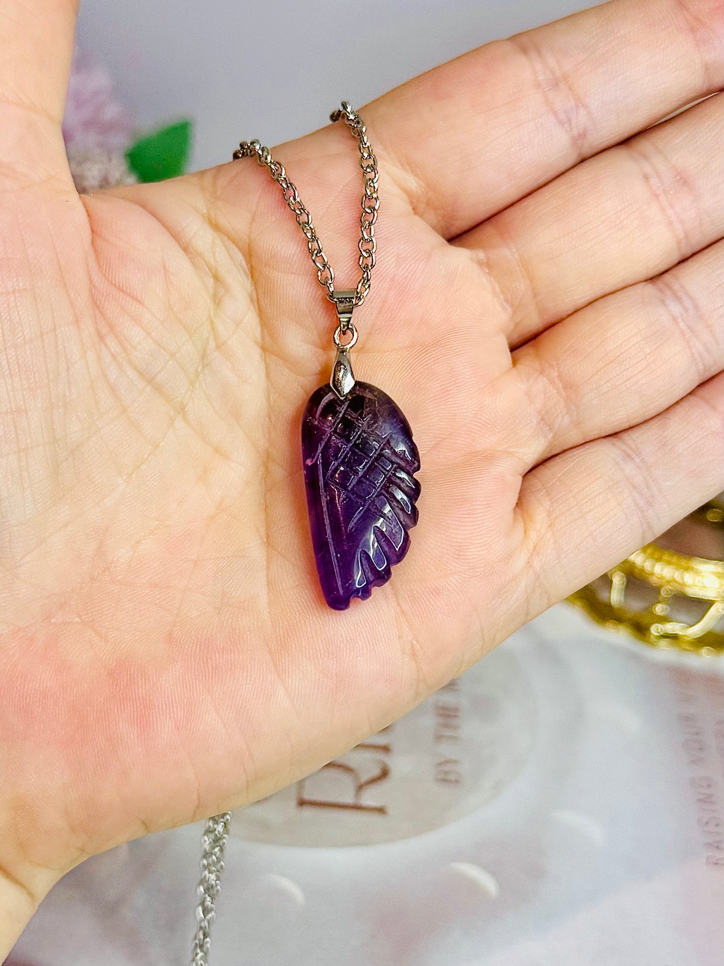 Amethyst Carved Angel Wing Necklace In Gift Bag