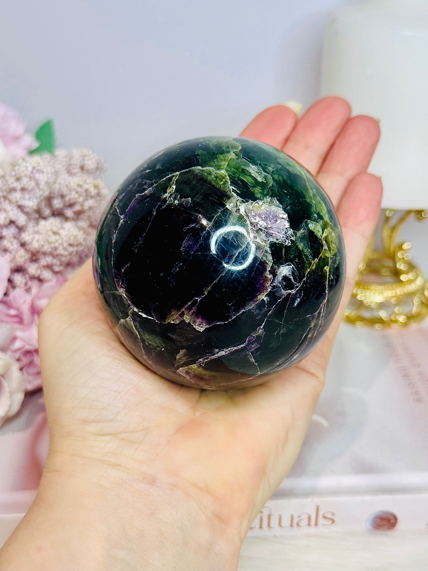 Large Fluorite Sphere with Rainbows 728g On Stand