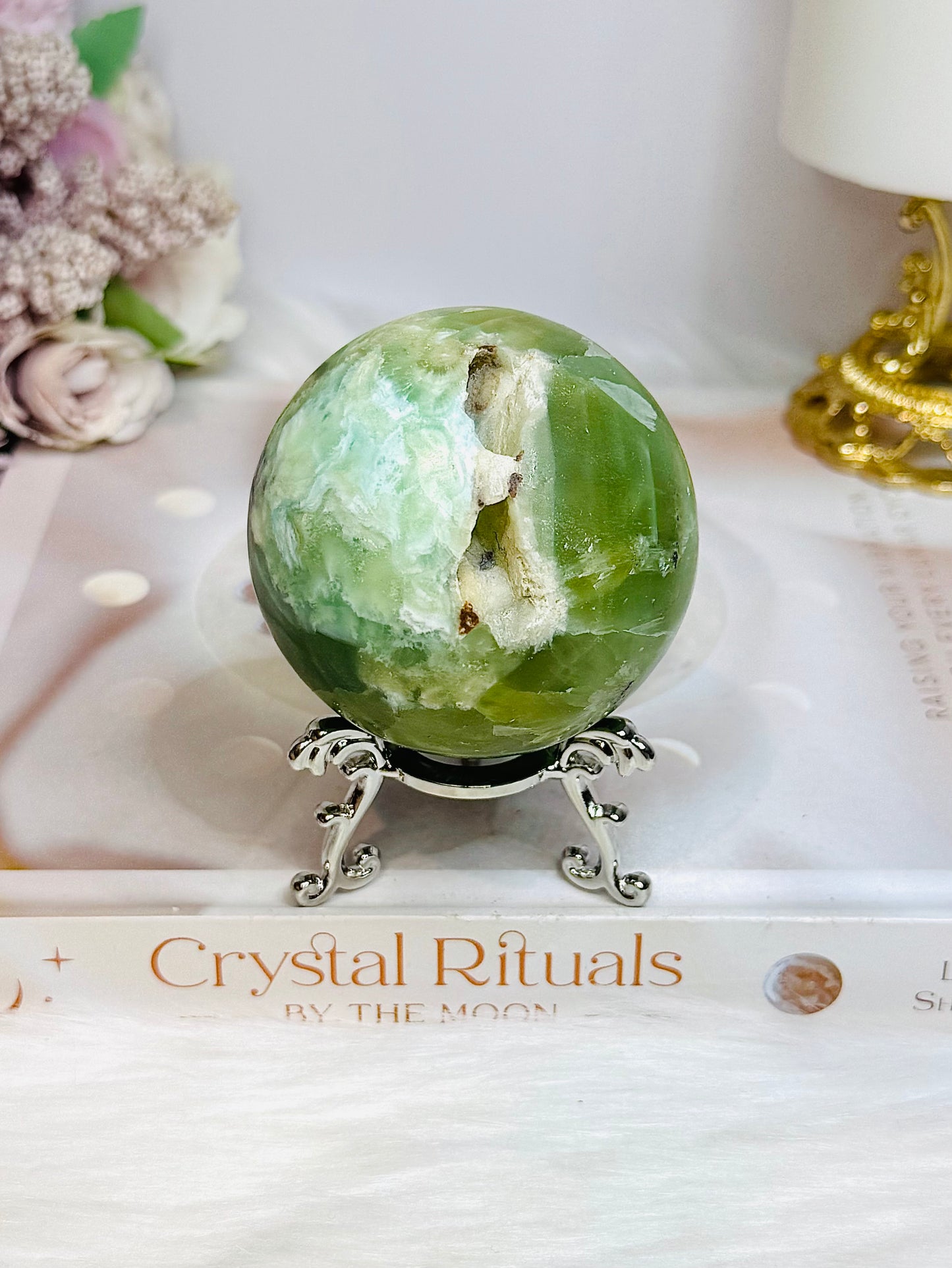 Green Calcite Druzy Sphere on Stand 351g