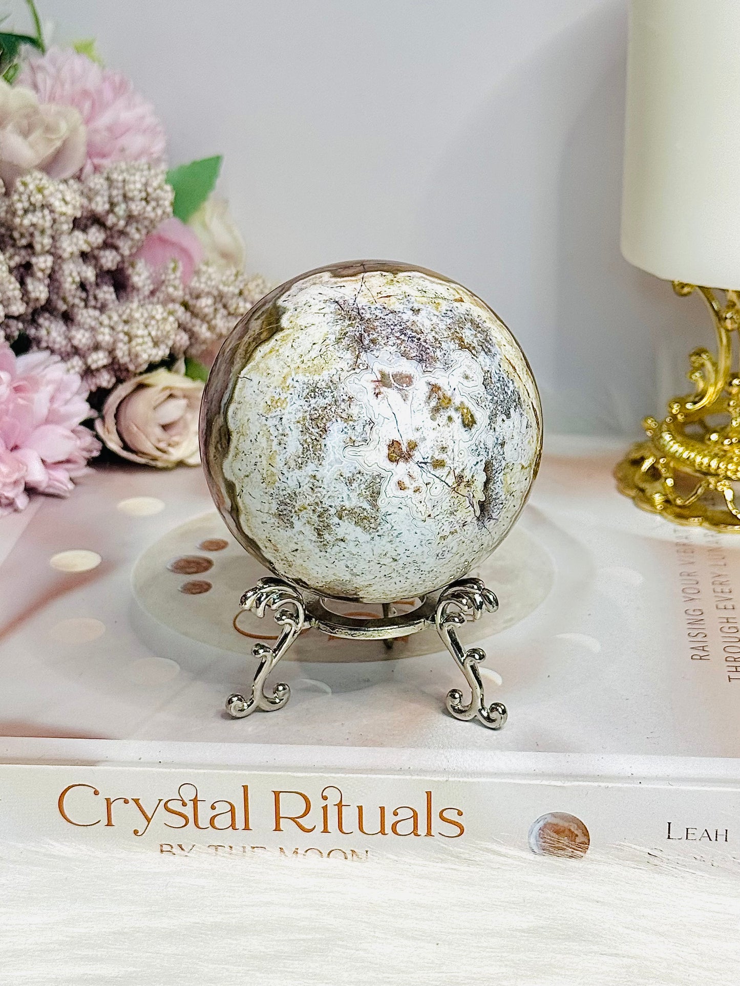 Large Mexican Crazy Lace Agate Druzy Sphere on Stand 376g