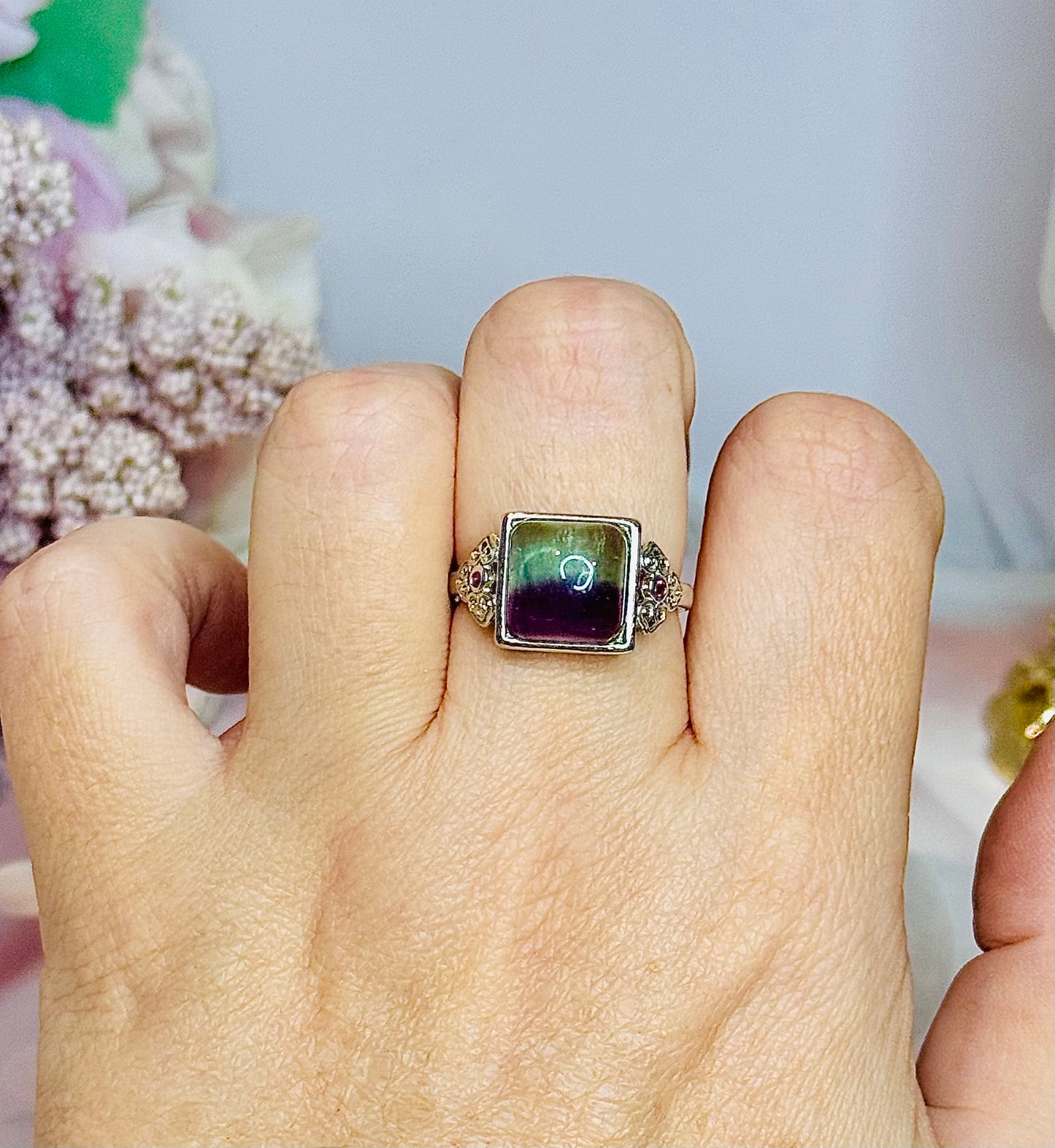 Green & Purple Fluorite Adjustable Ring In Gift Bag