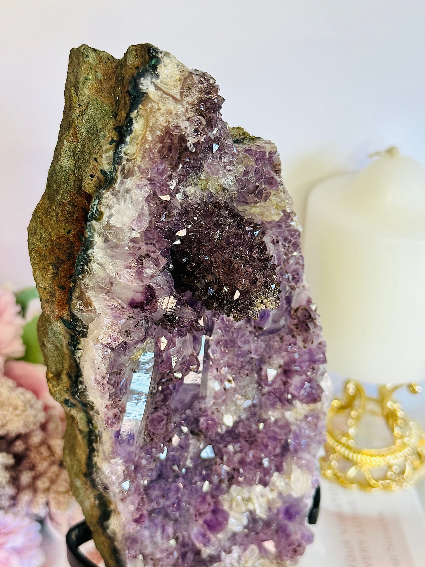 High Grade Amethyst Natural Cluster Slab with Stalactite Formations On Custom Stand 23cm 1.03KG