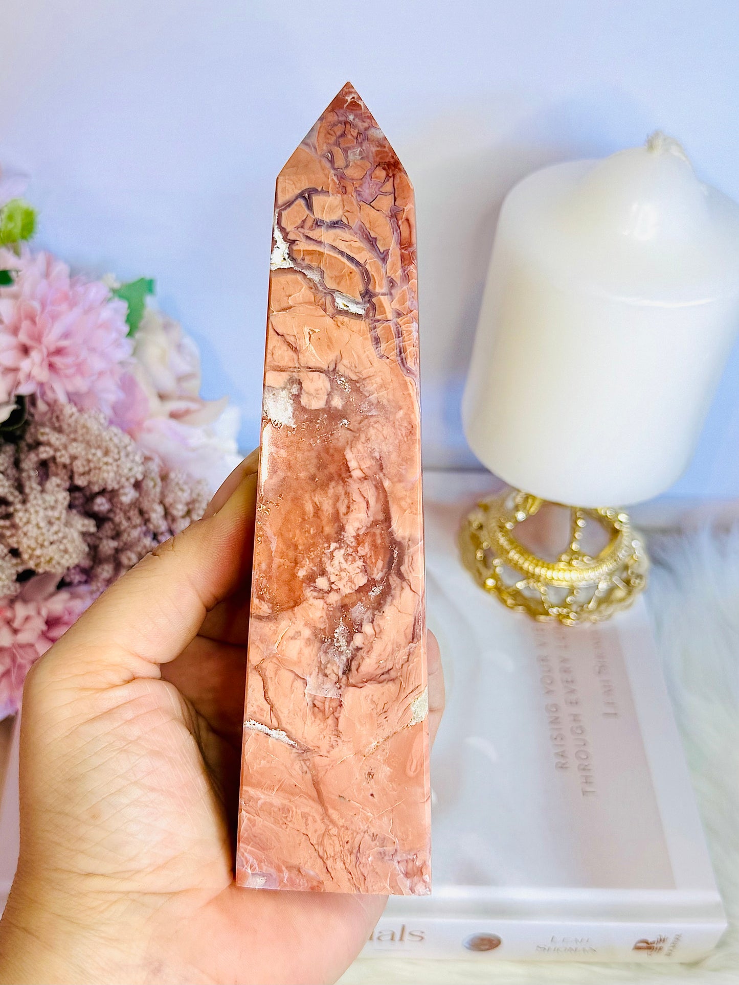 Gorgeous Large 16.5cm Natural Pink Cotton Candy Agate Carved Tower