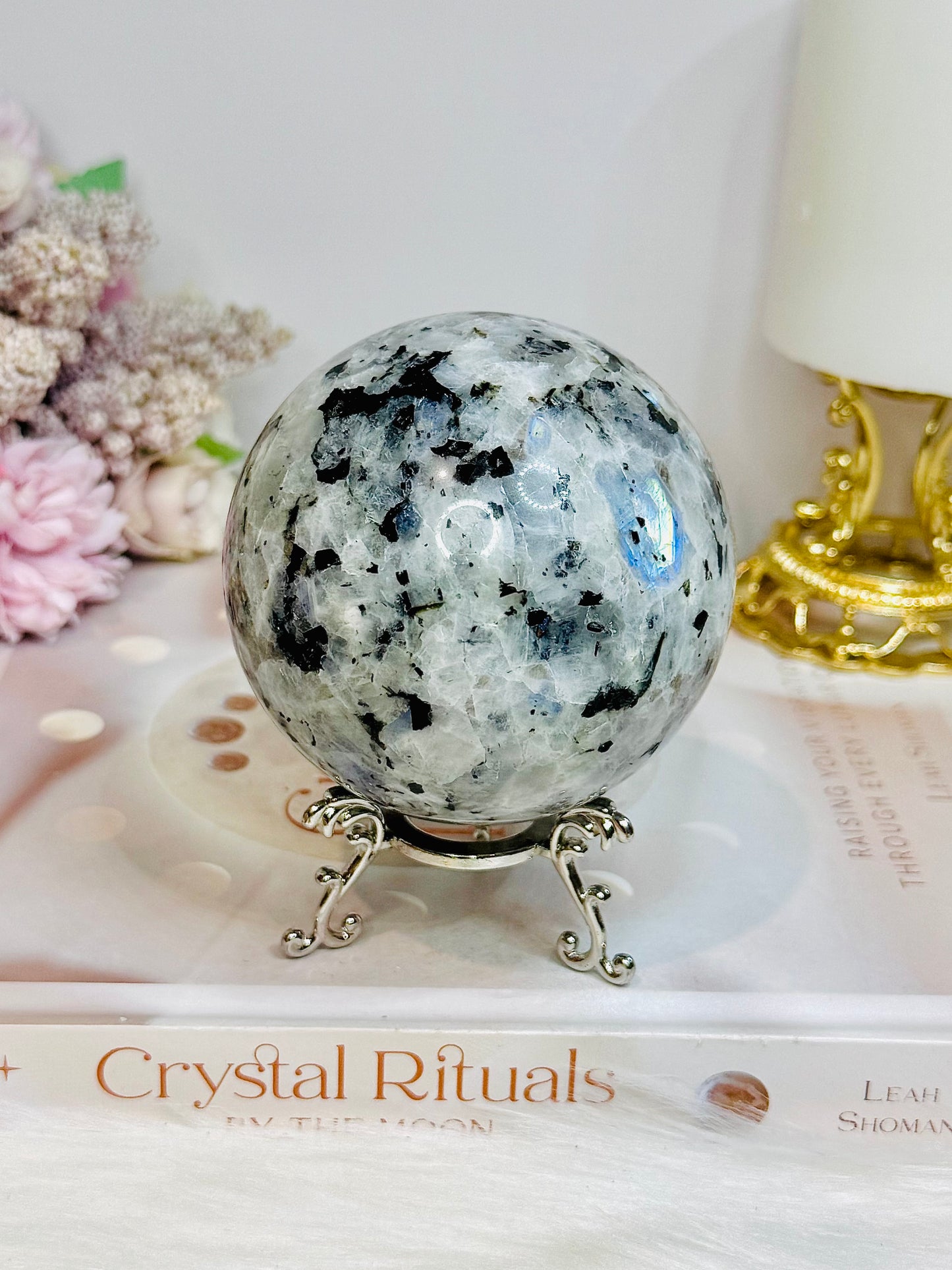 Large Rainbow Moonstone Sphere on Stand with Blue Flash 617g