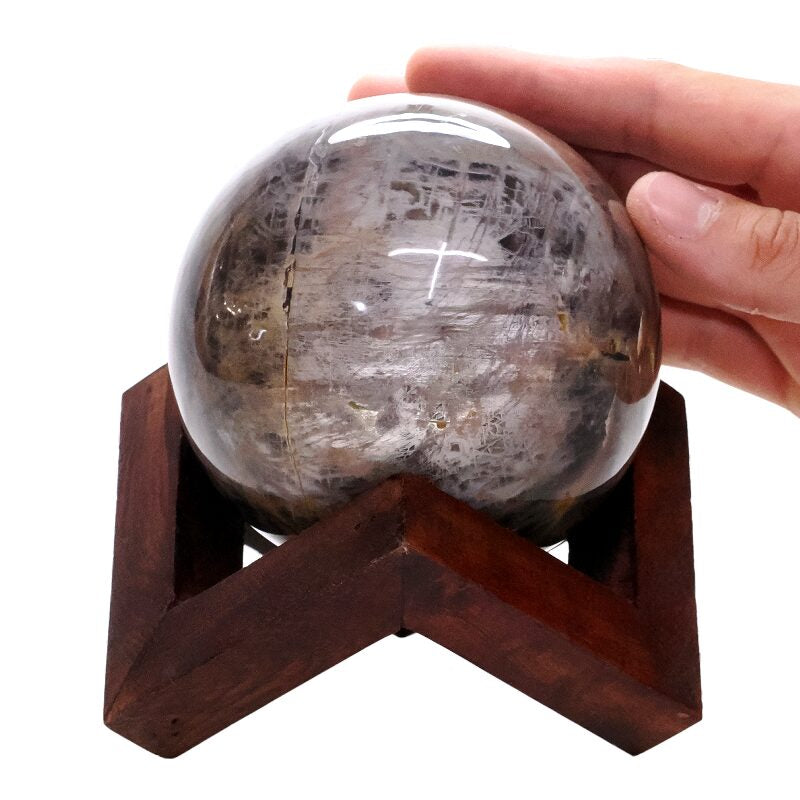 Large Black Moonstone Sphere on Timber Stand 1.4KG