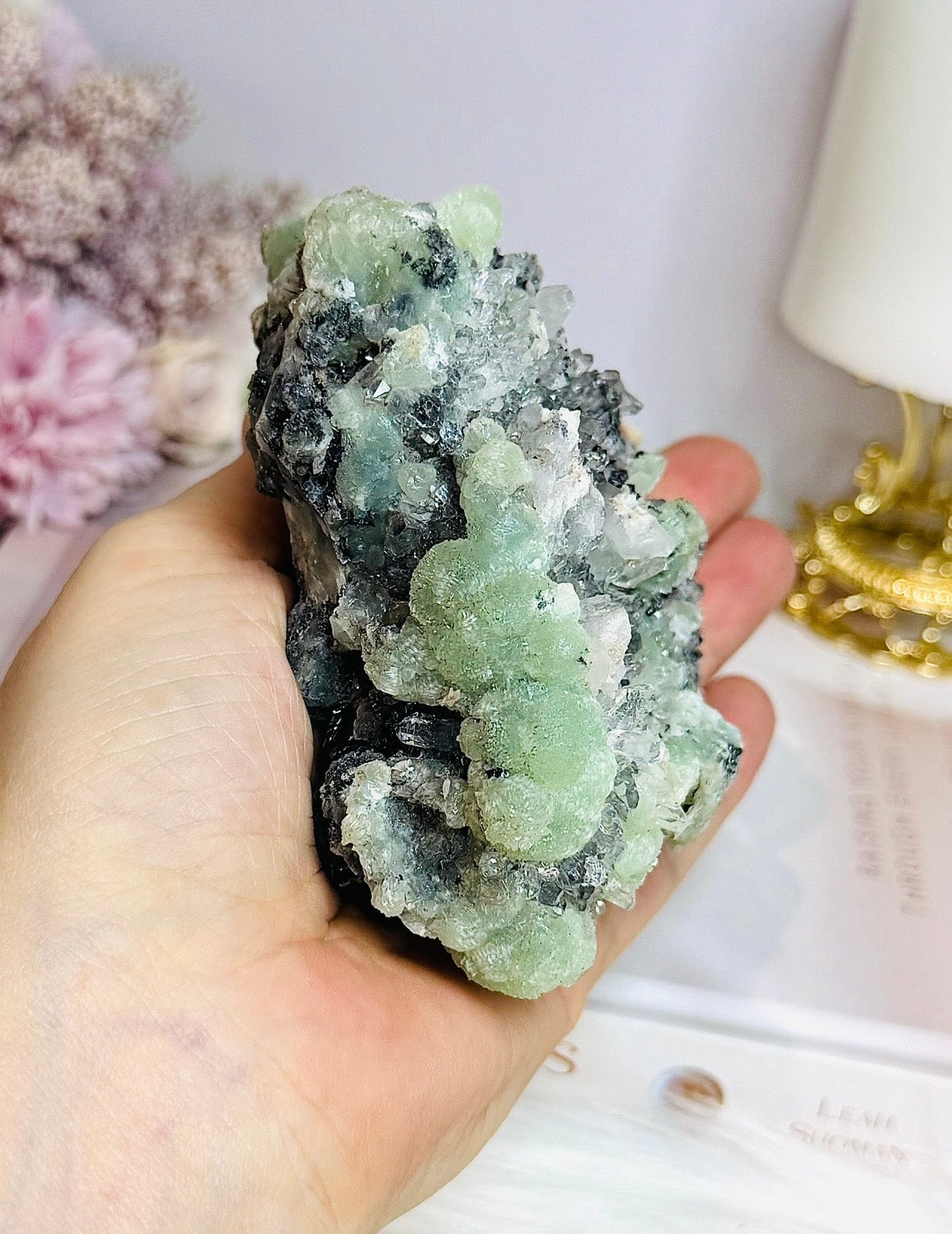 Prehnite with Babingtonite Specimen on Stand 10cm 528g