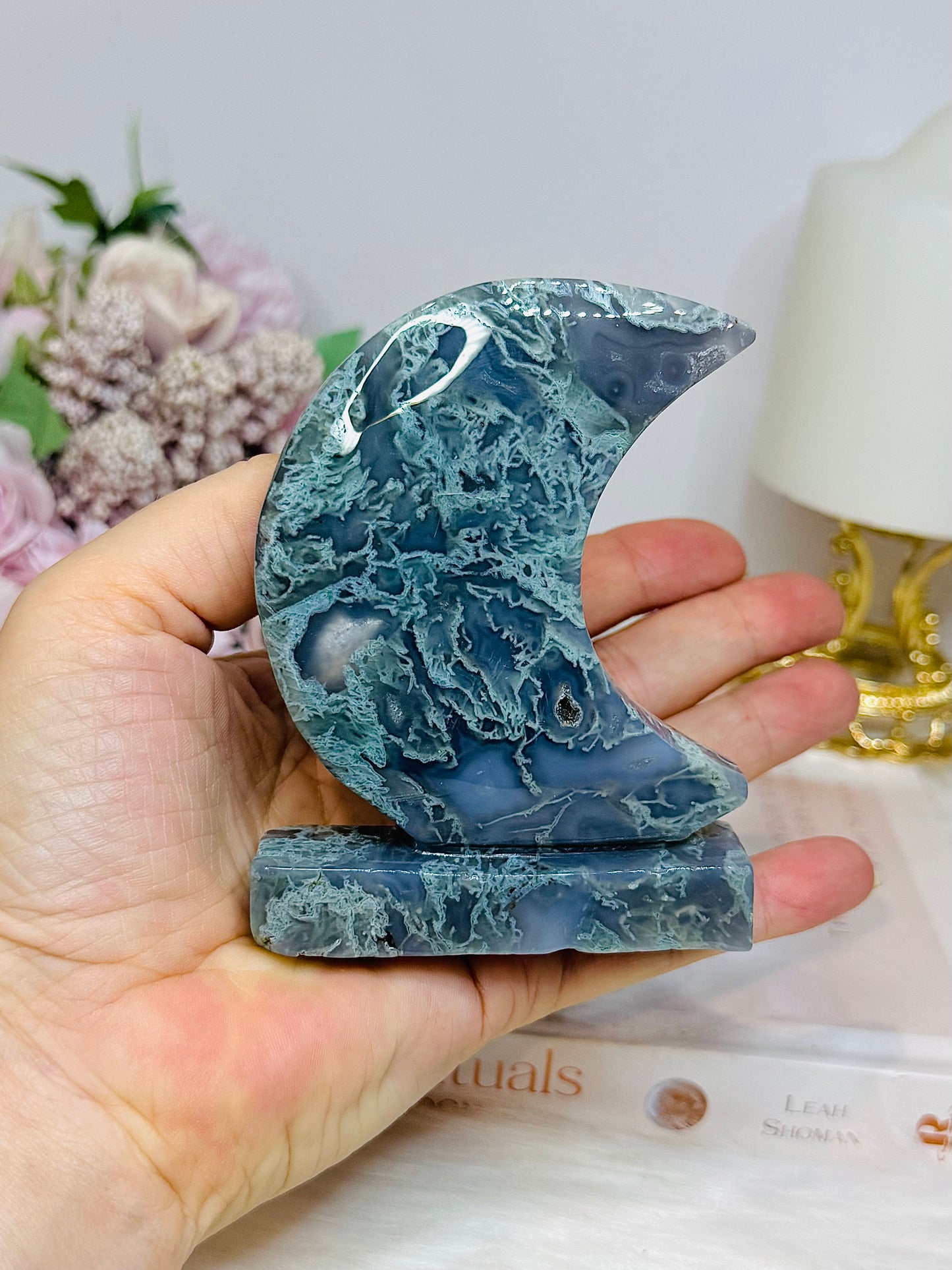 Moss Agate Druzy Moon On Stand 9.5cm