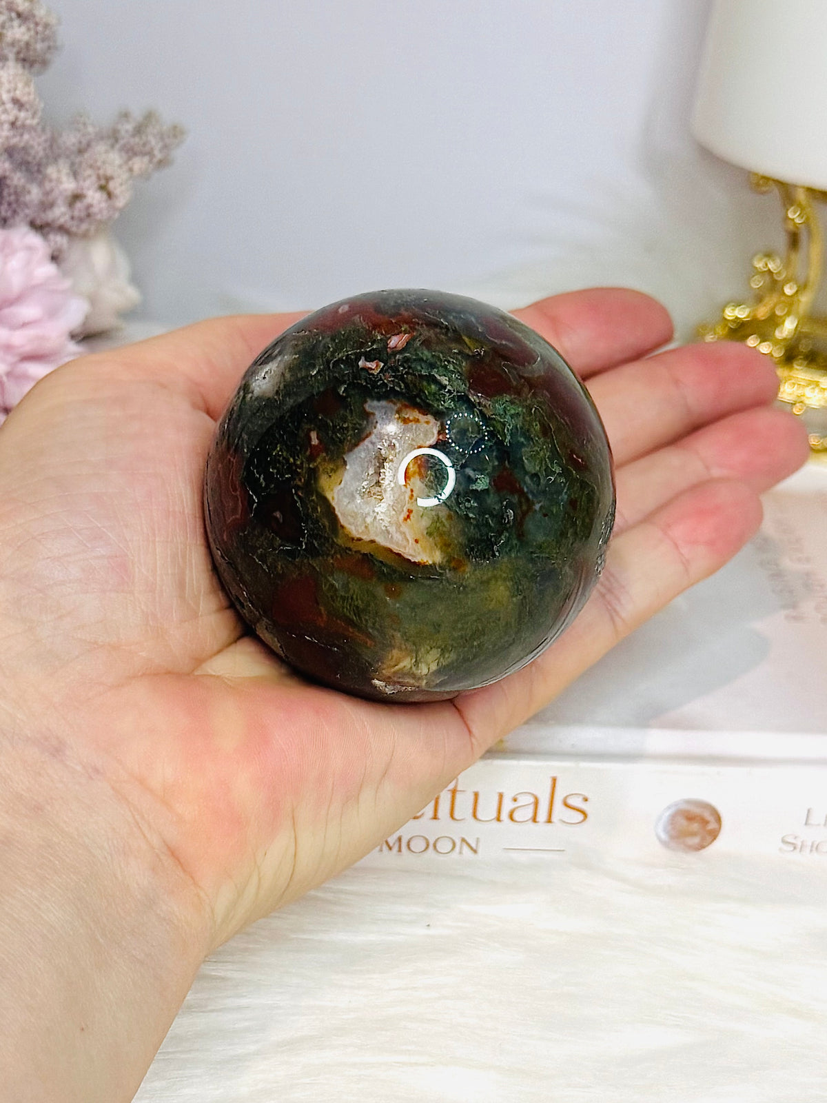 Druzy Red Moss Agate Sphere on Stand 303g
