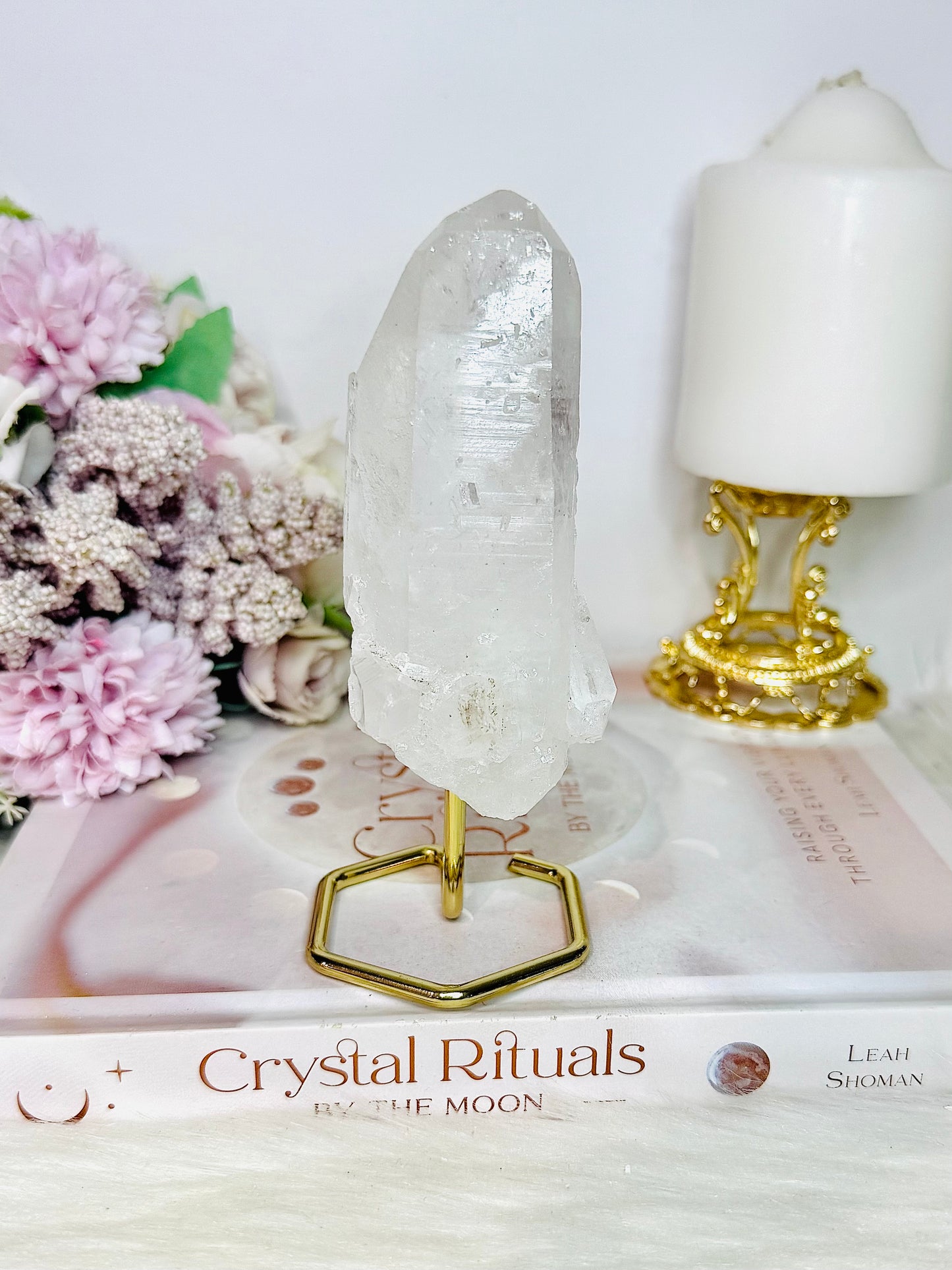 Large Clear Lemurian Quartz Natural Point on Gold Stand 14cm