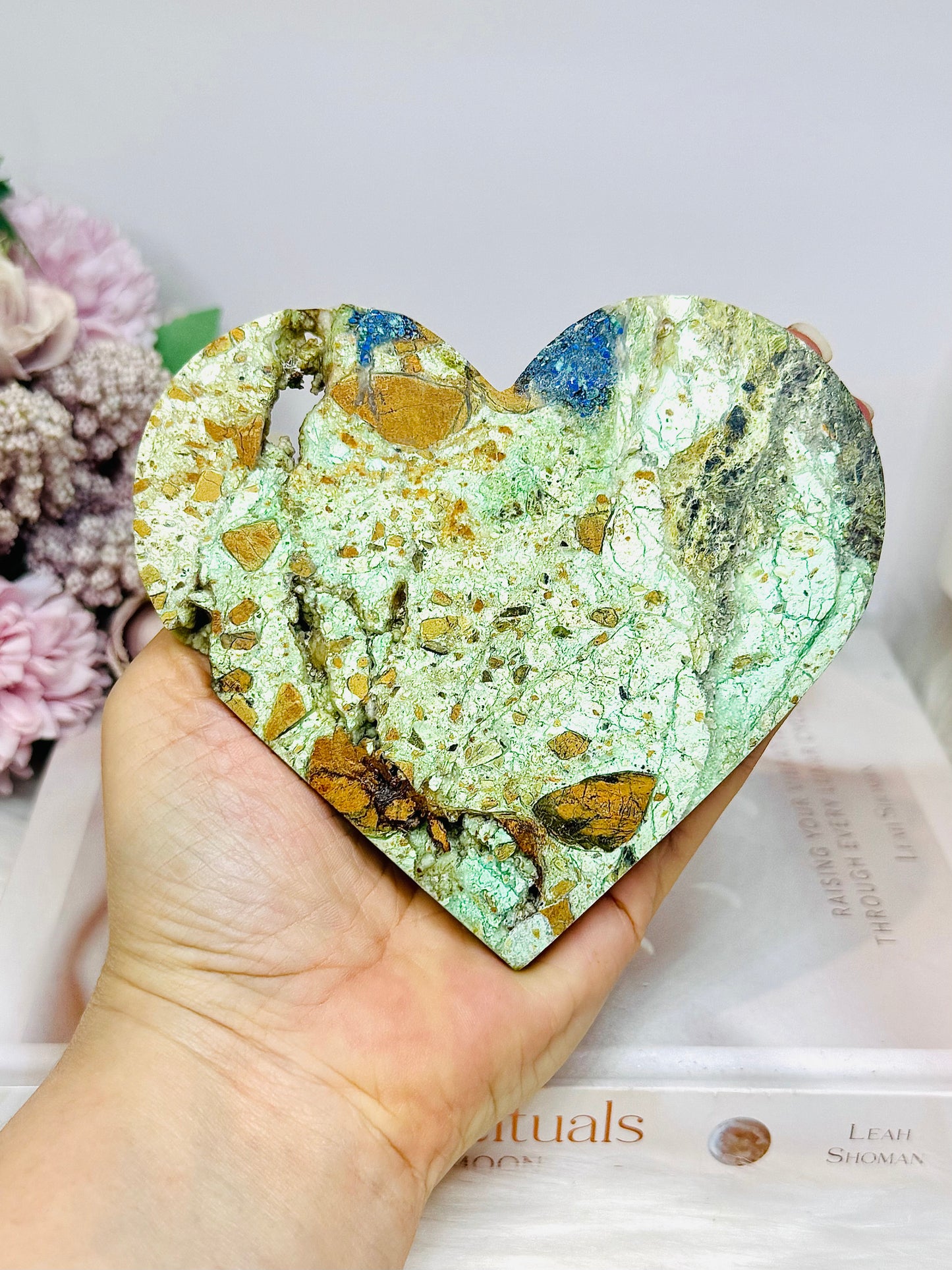 Large Variscite Carved Heart with Azurite Inclusions on Stand 11cm