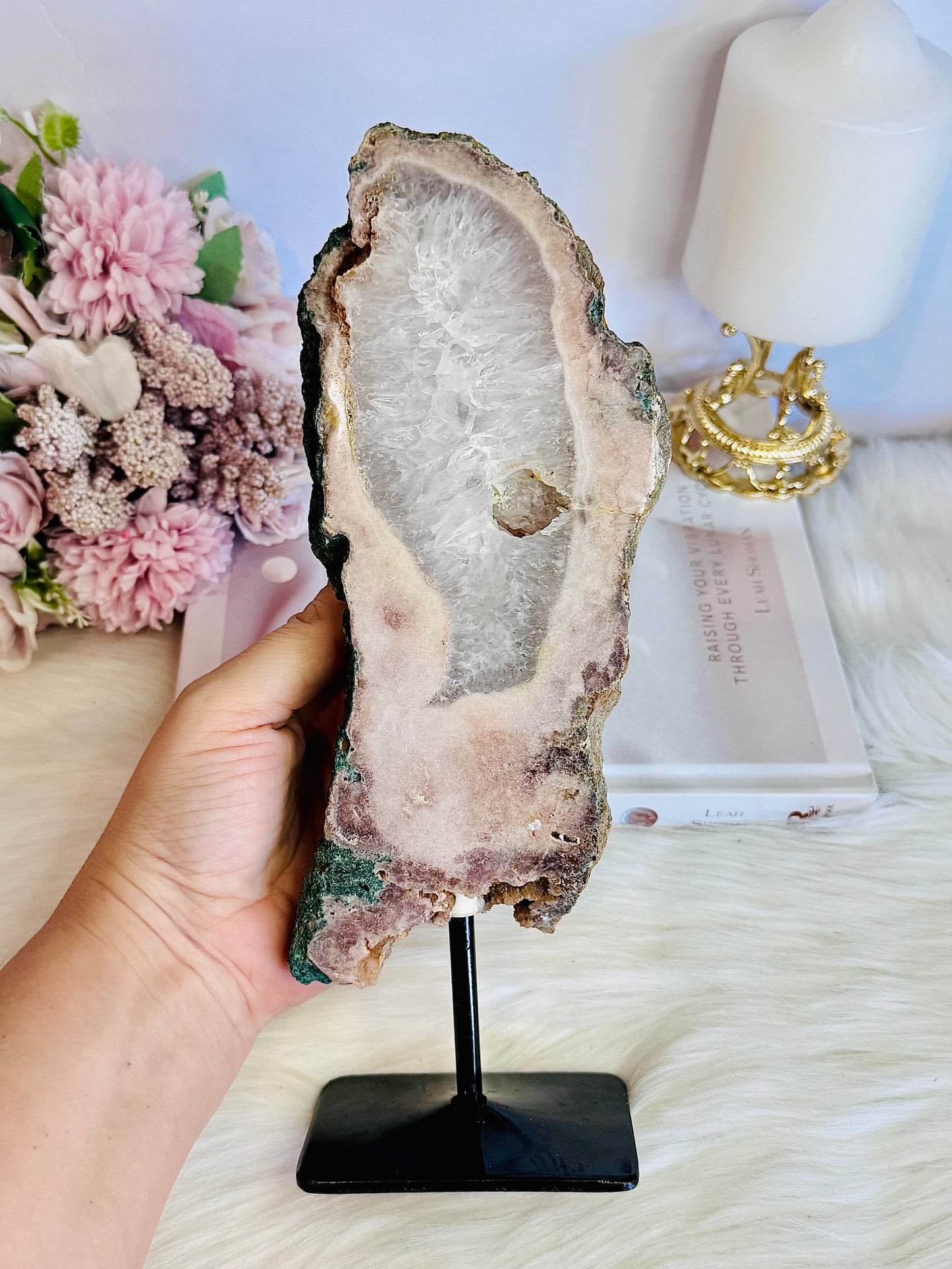 Large 26cm 908gram Pink Amethyst Druzy Slab on Stand