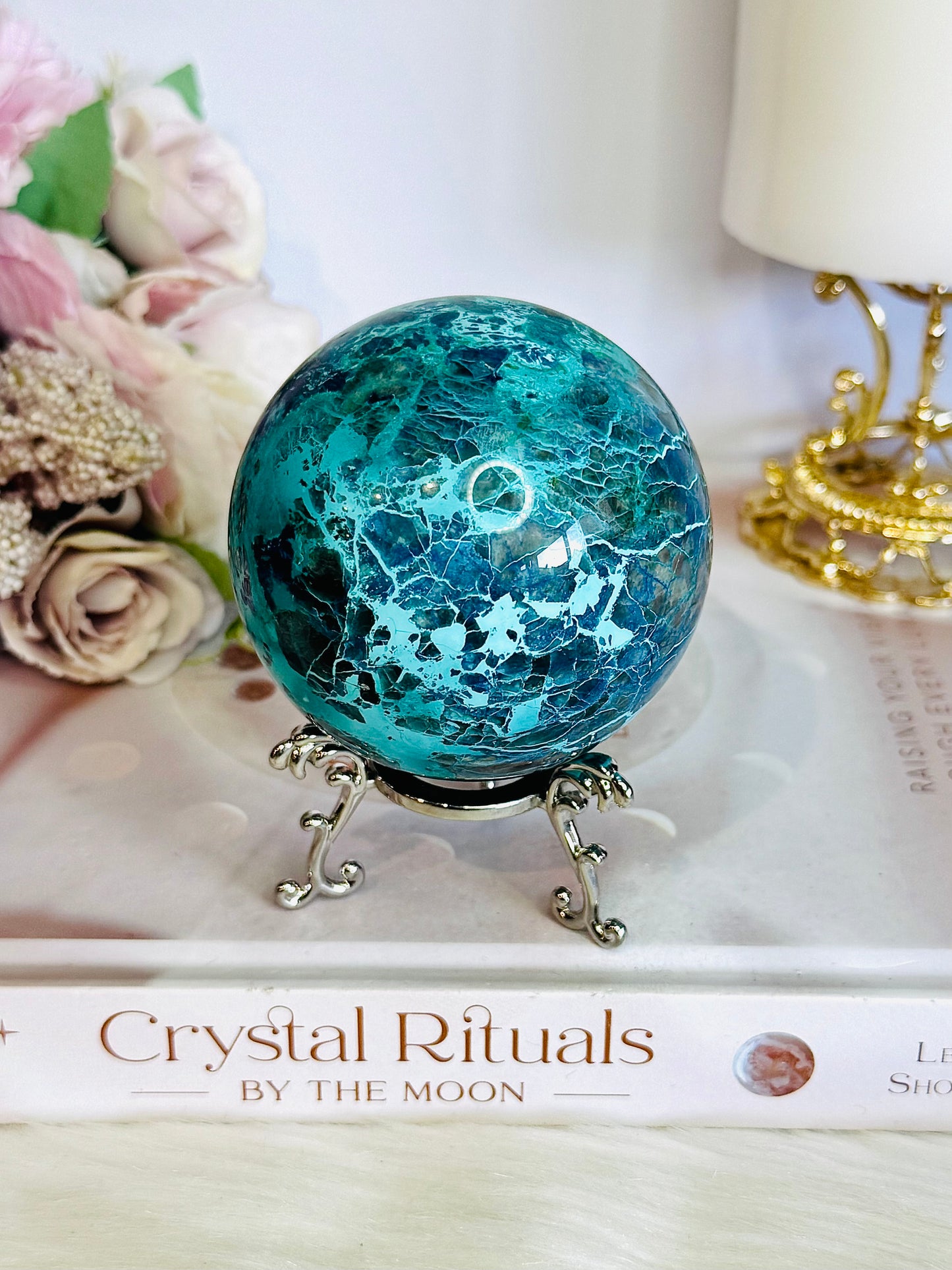 Absolutely Incredible High Grade Chrysocolla Sphere on Stand 399grams