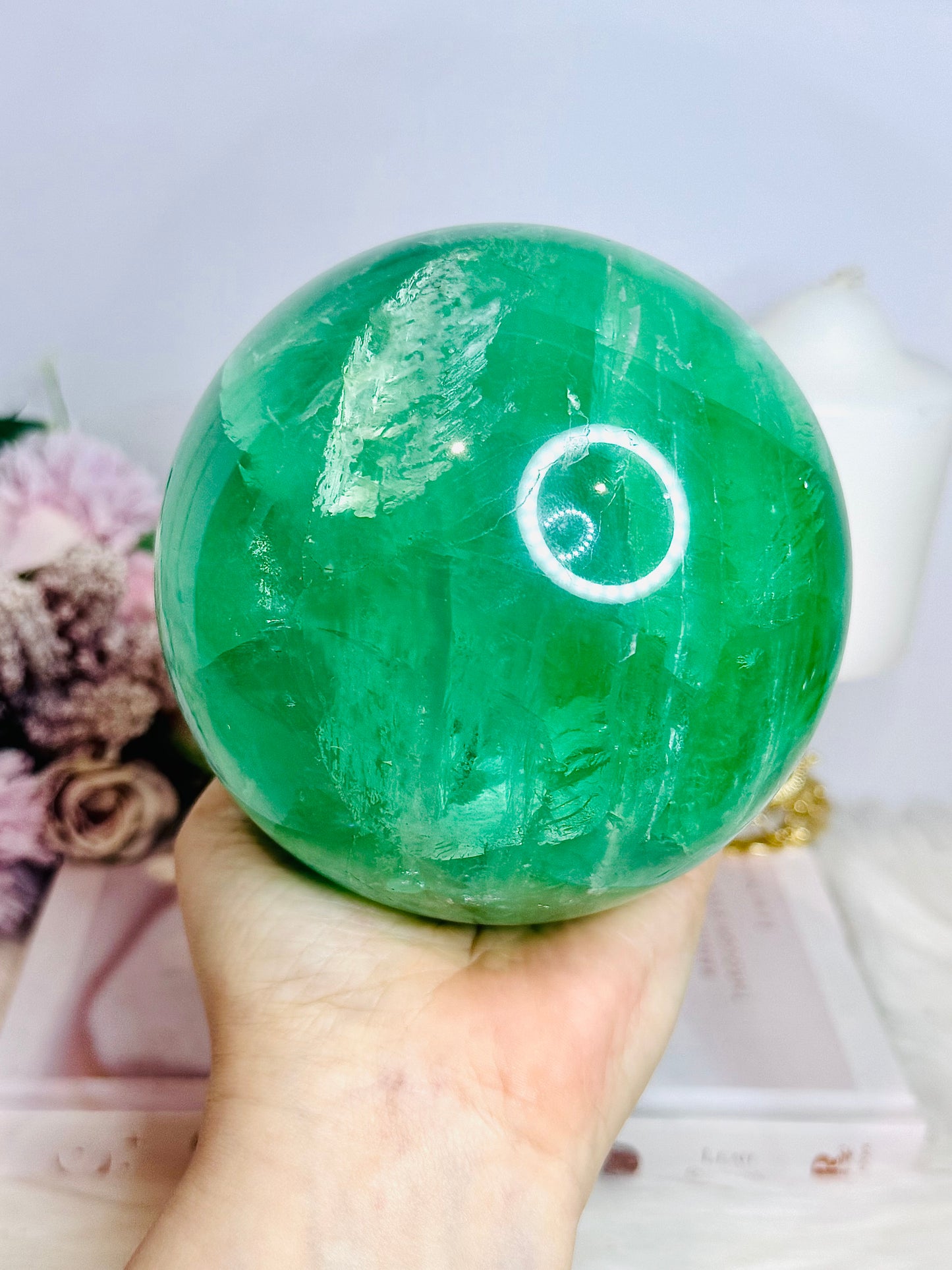 Huge High Grade Green Fluorite Sphere with Rainbows on Stand 2.4KG