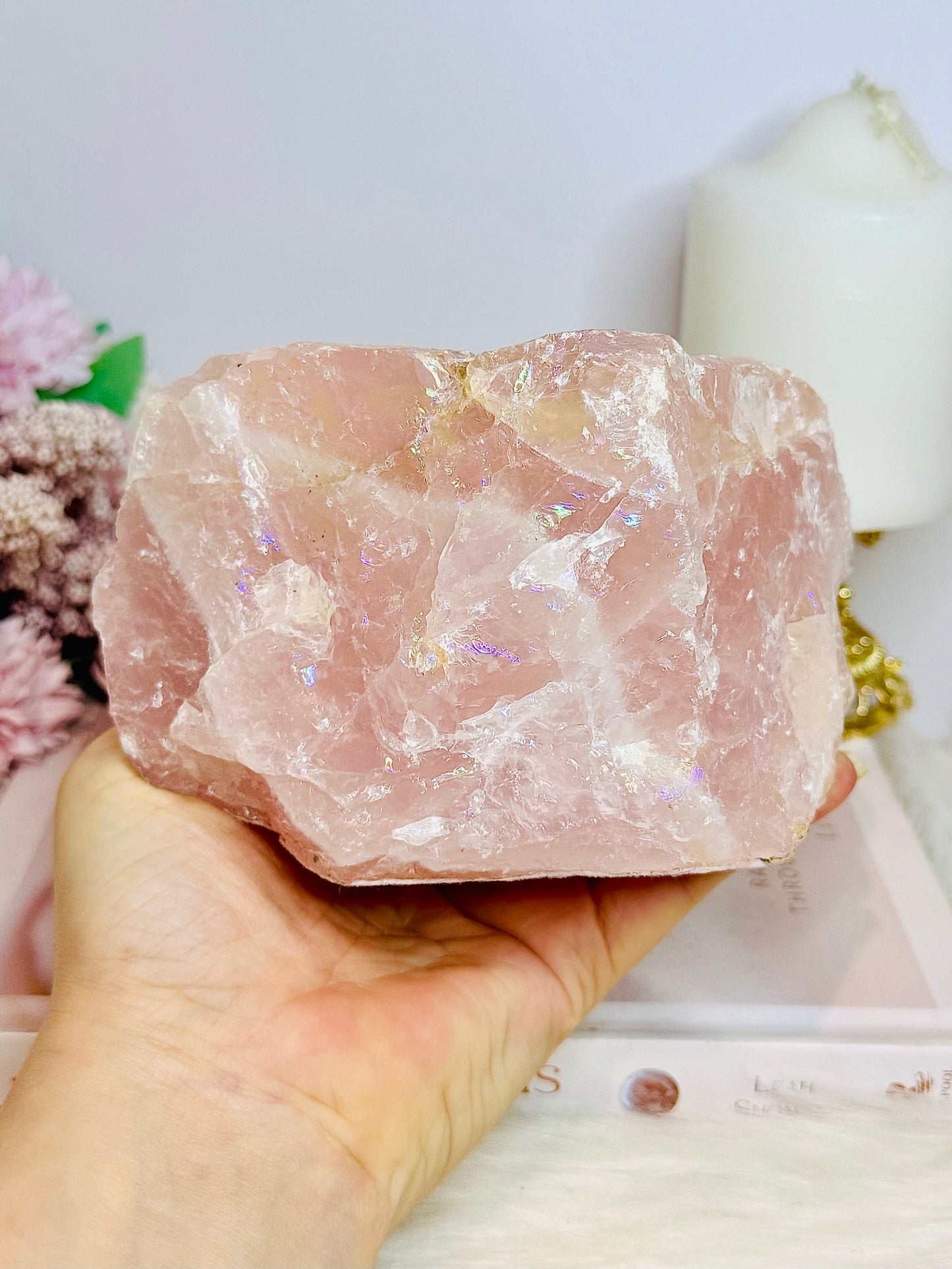 Large Chunky 1.2KG 14cm Angel Aura Rose Quartz Candle Holder