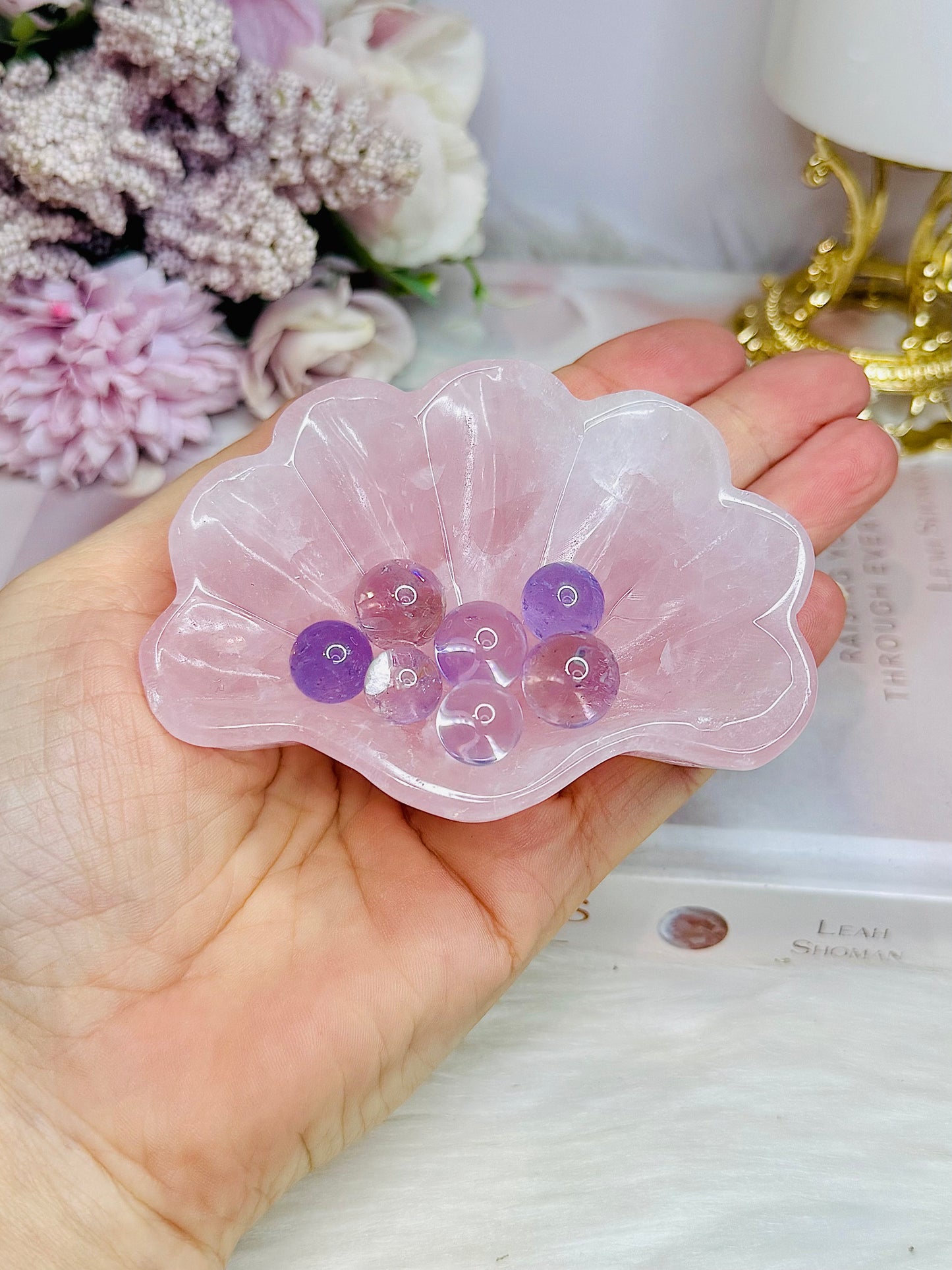 Rose Quartz Carved. Chunky Shell with Mini Amethyst Spheres 9cm
