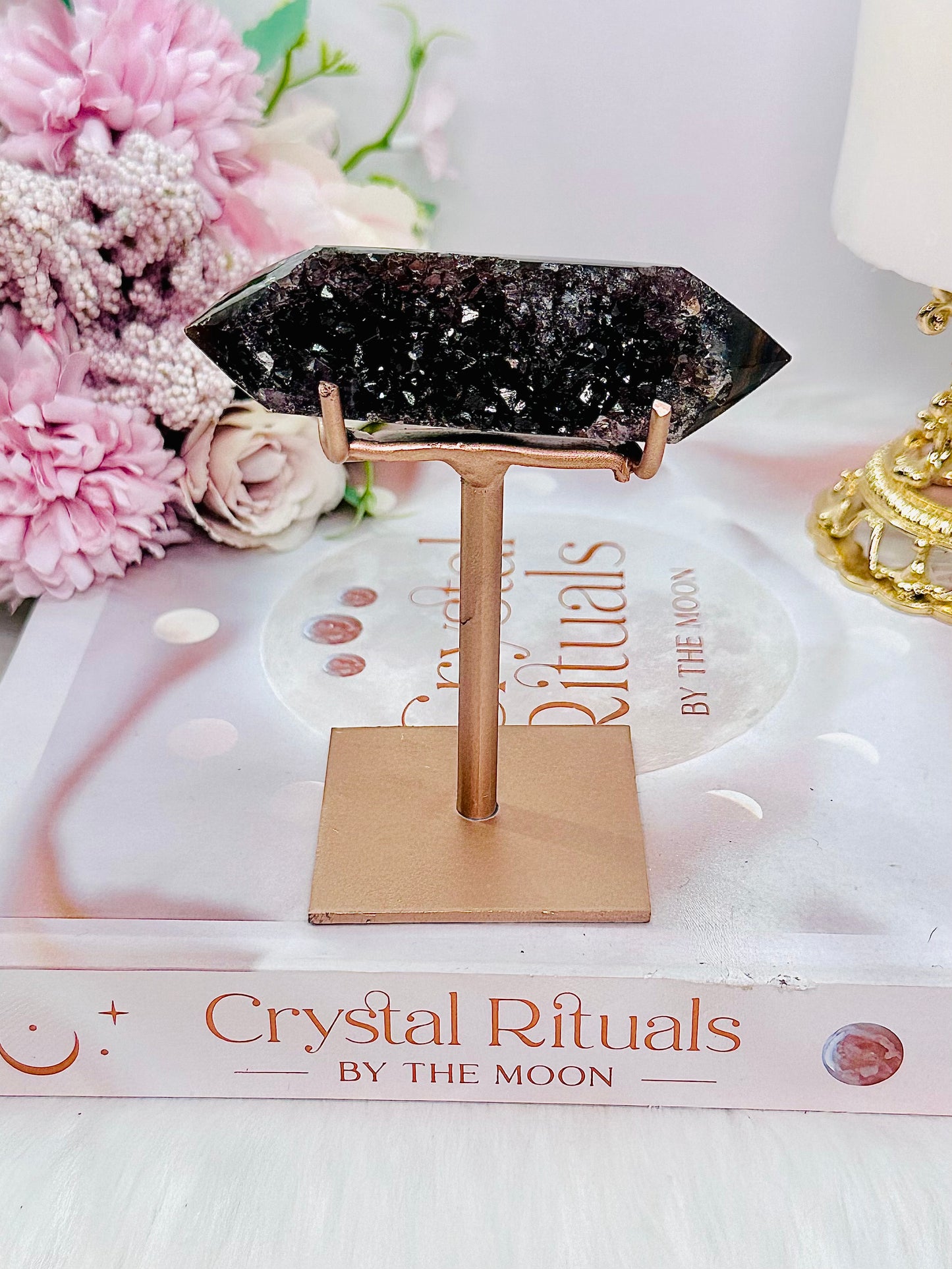 Stunning High Grade Druzy Agate Double Terminated Point On Rose Gold Stand 10cm